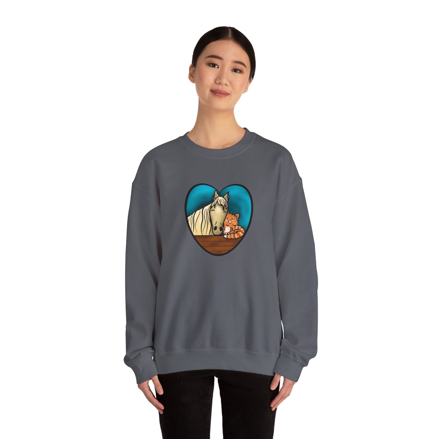 Horse and Kitten Heart Illustration sweatshirt | Cute Animal Barn Design