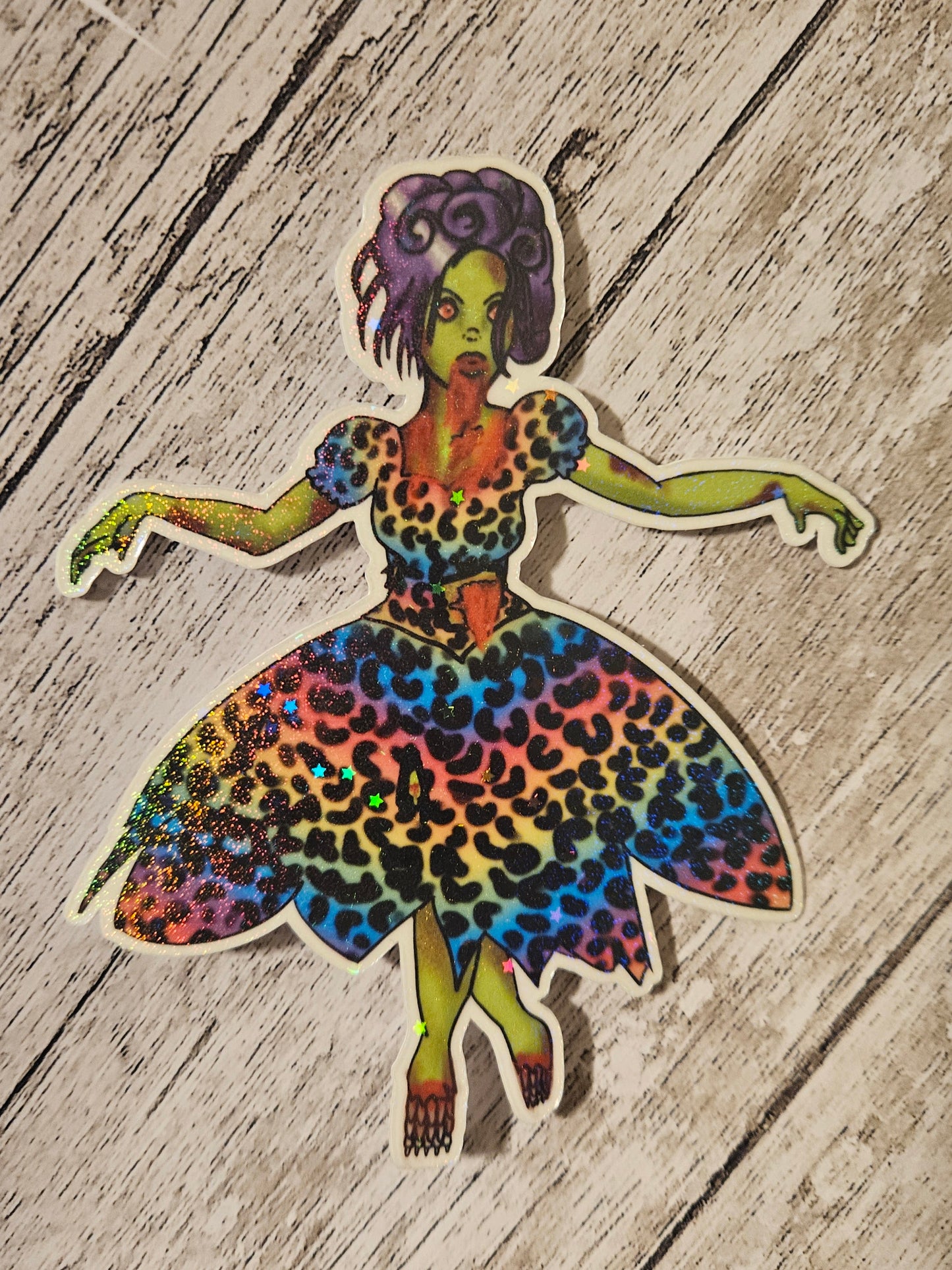 Leopard print rainbow zombie girl sticker for laptop large sticker