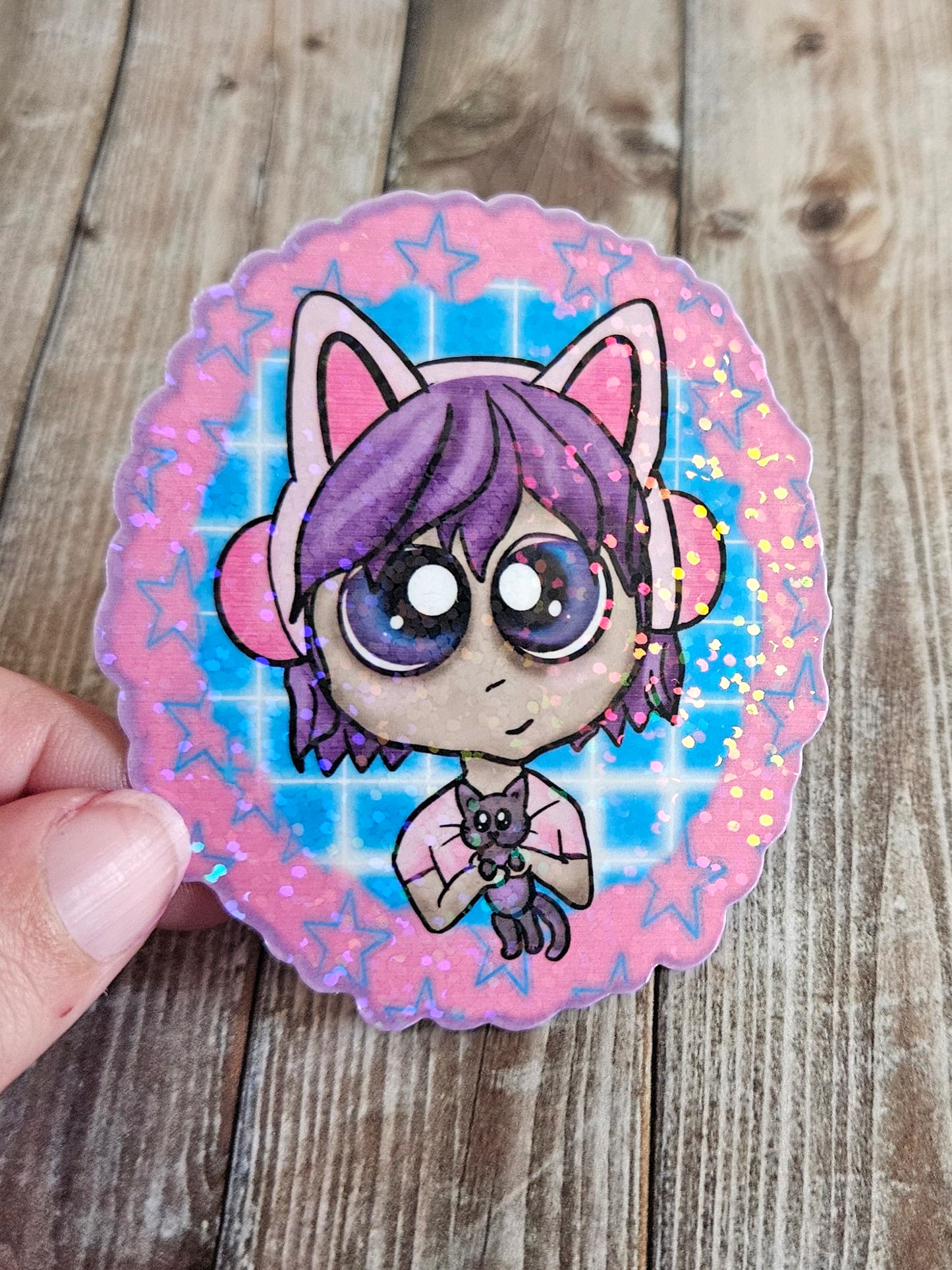 Cute cartoon girl with kitten sticker for water bottle