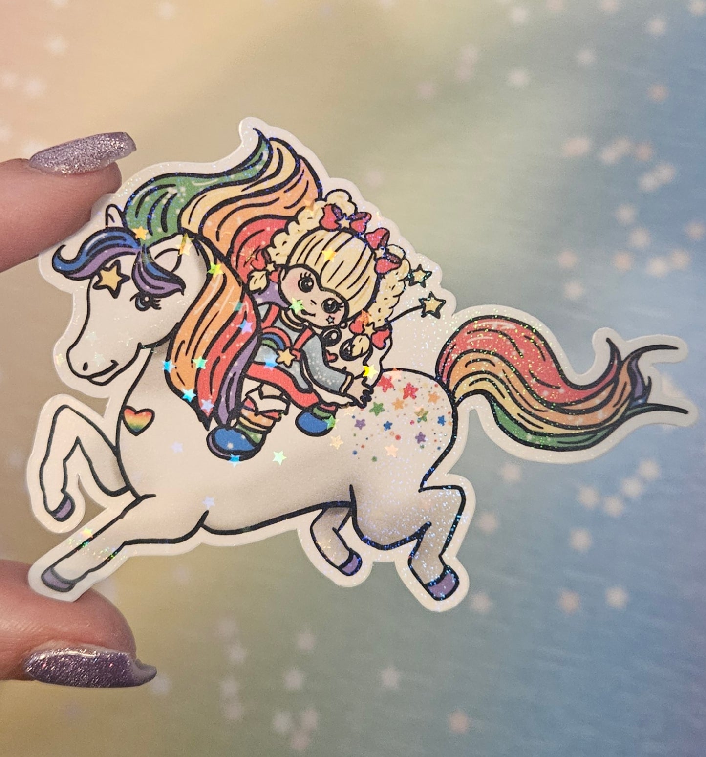 Cute rainbow girl with starbright horse sticker for water bottle, sparkly vinyl sticker for laptop