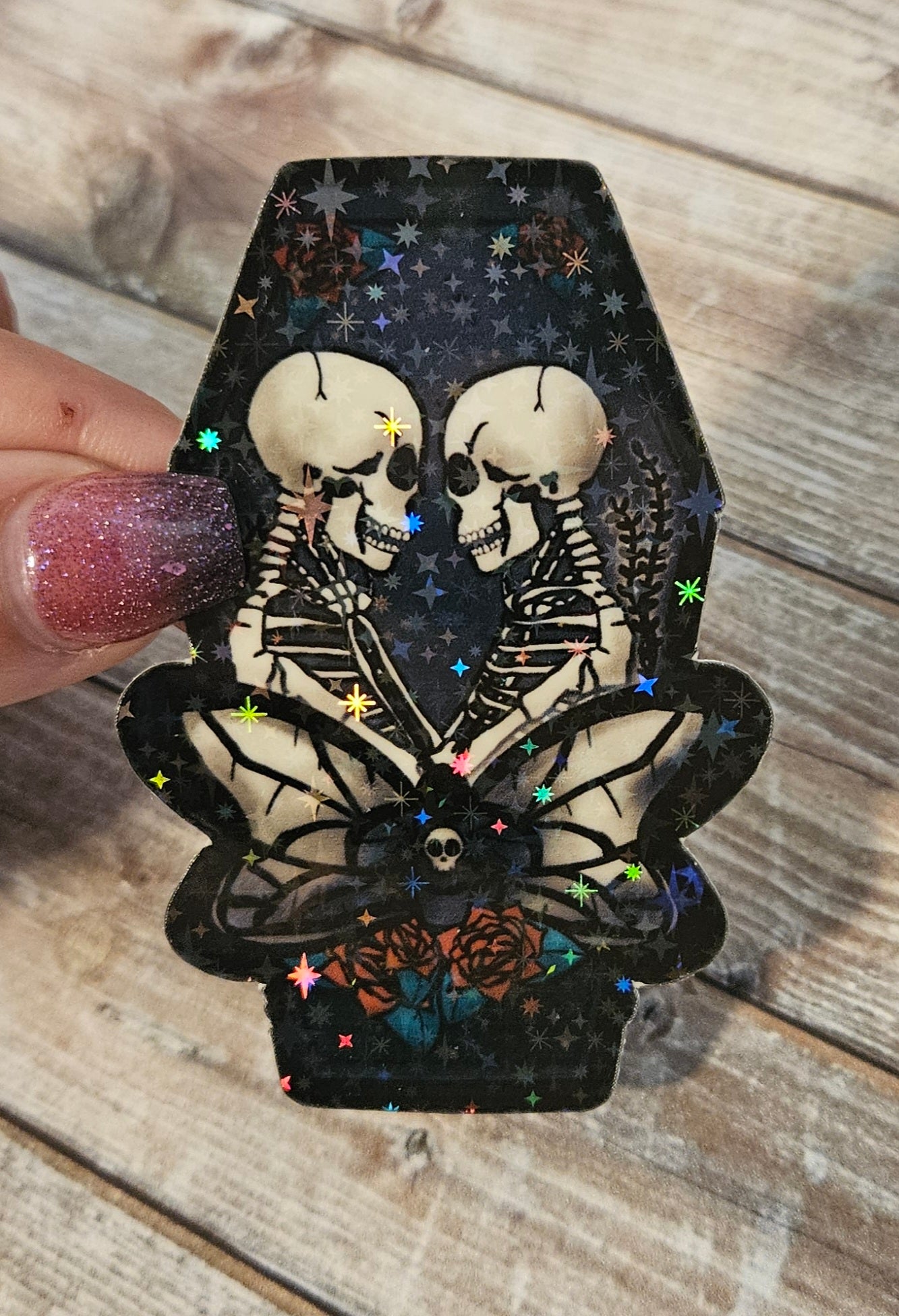 Skeleton lovers in a coffin sticker