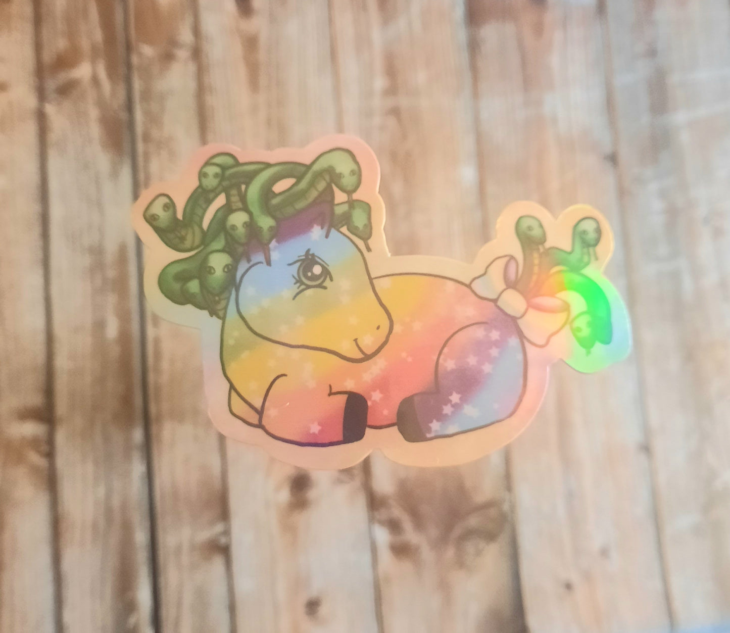 Sitting Medusa pony sticker, rainbow pony with Medusa snake hair sticker for water bottle