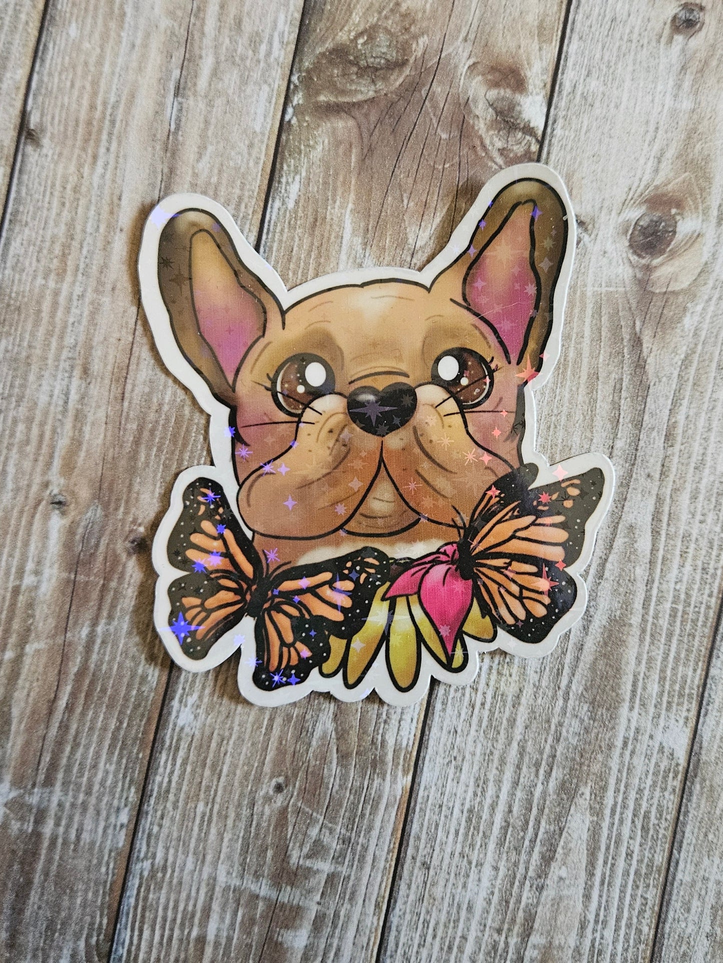 Frenchie with butterflies sticker for water bottle