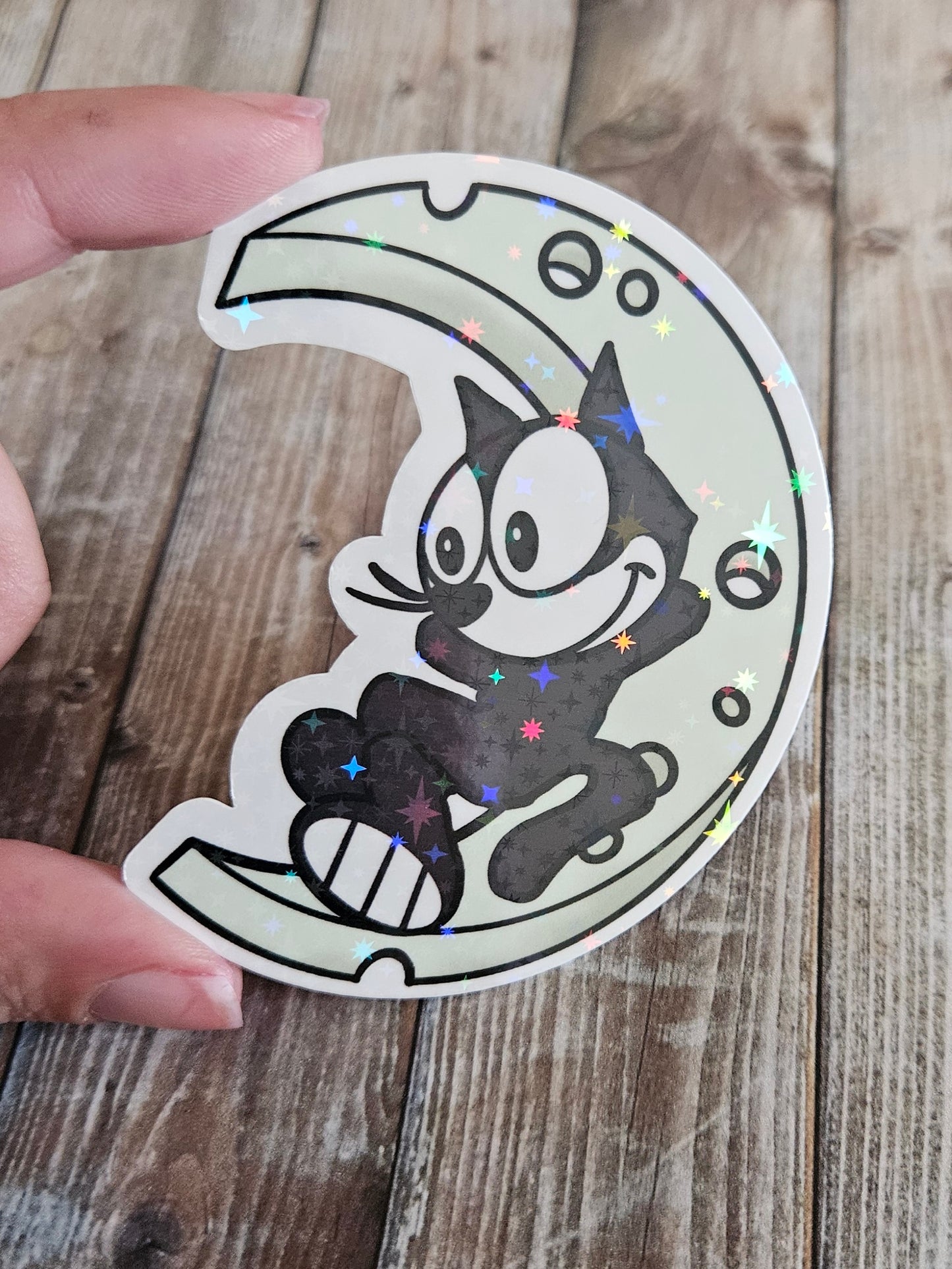 Cute black cat on a cheese moon sticker for water bottle