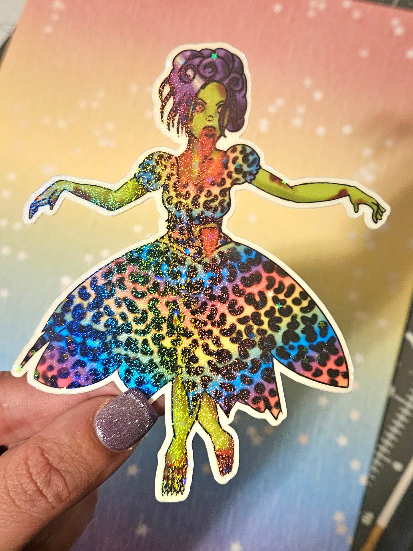 Leopard print rainbow zombie girl sticker for laptop large sticker