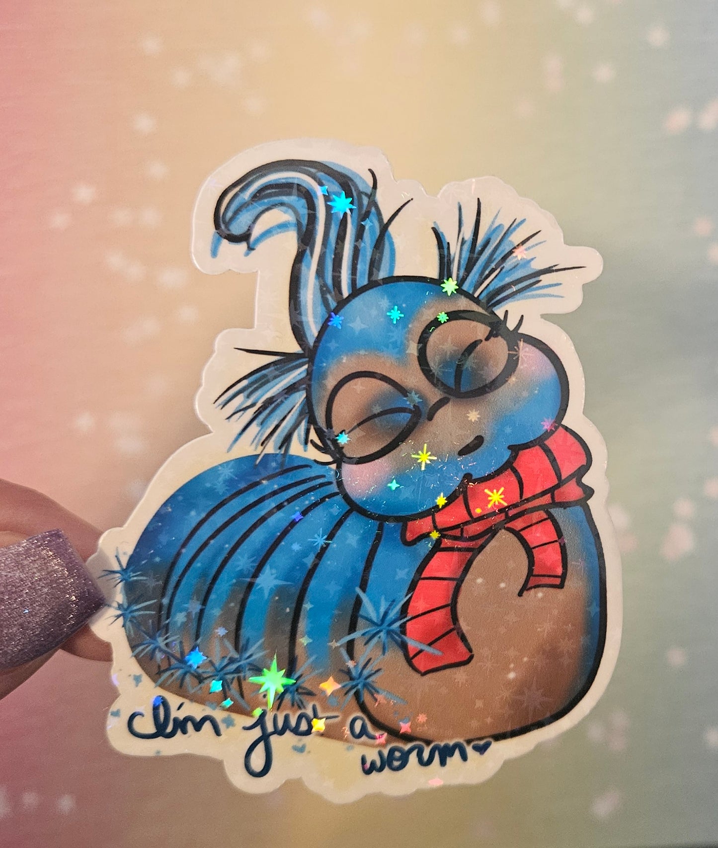 "I'm just a worm" blue worm sticker for water bottle