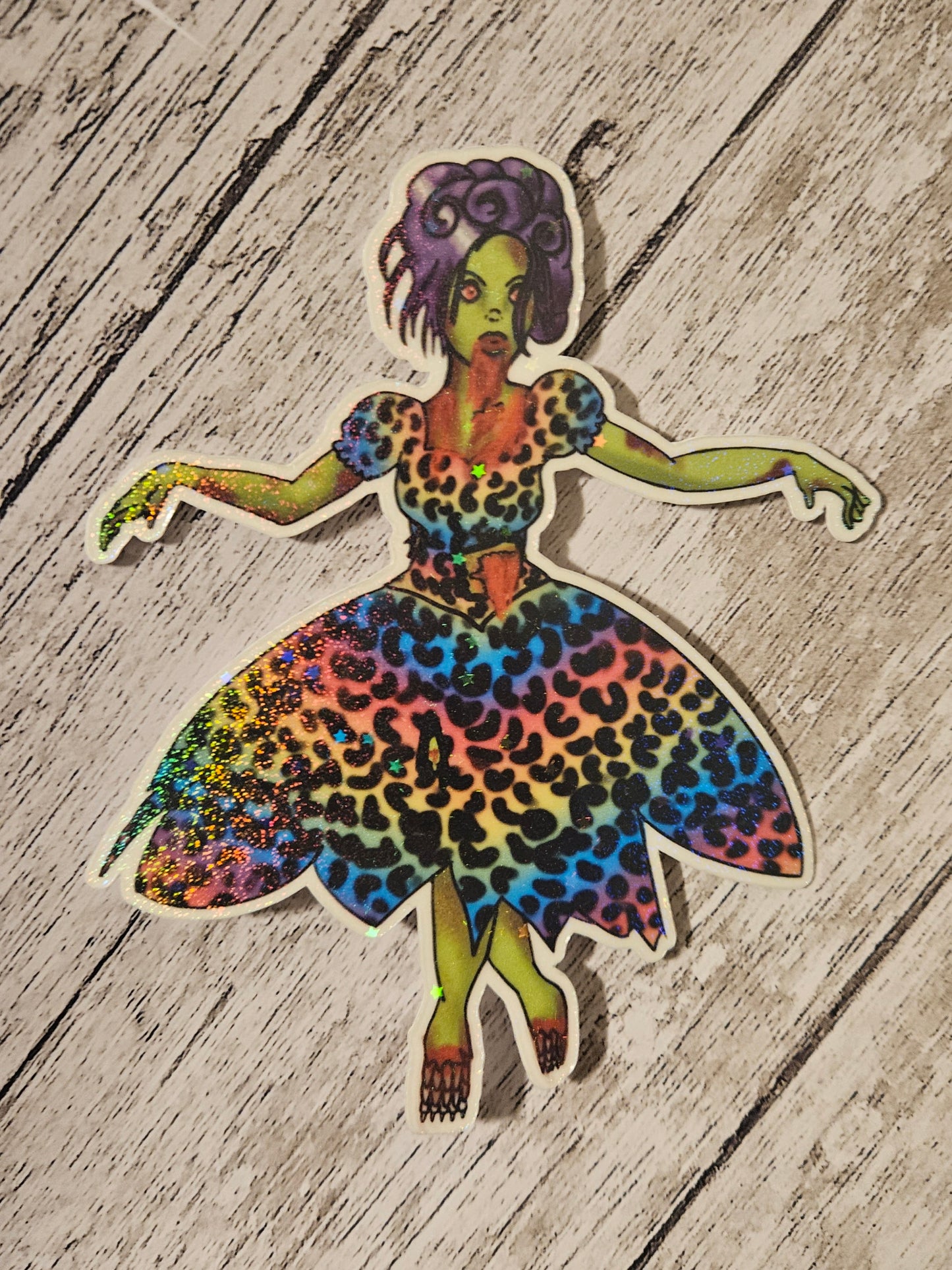 Leopard print rainbow zombie girl sticker for laptop large sticker