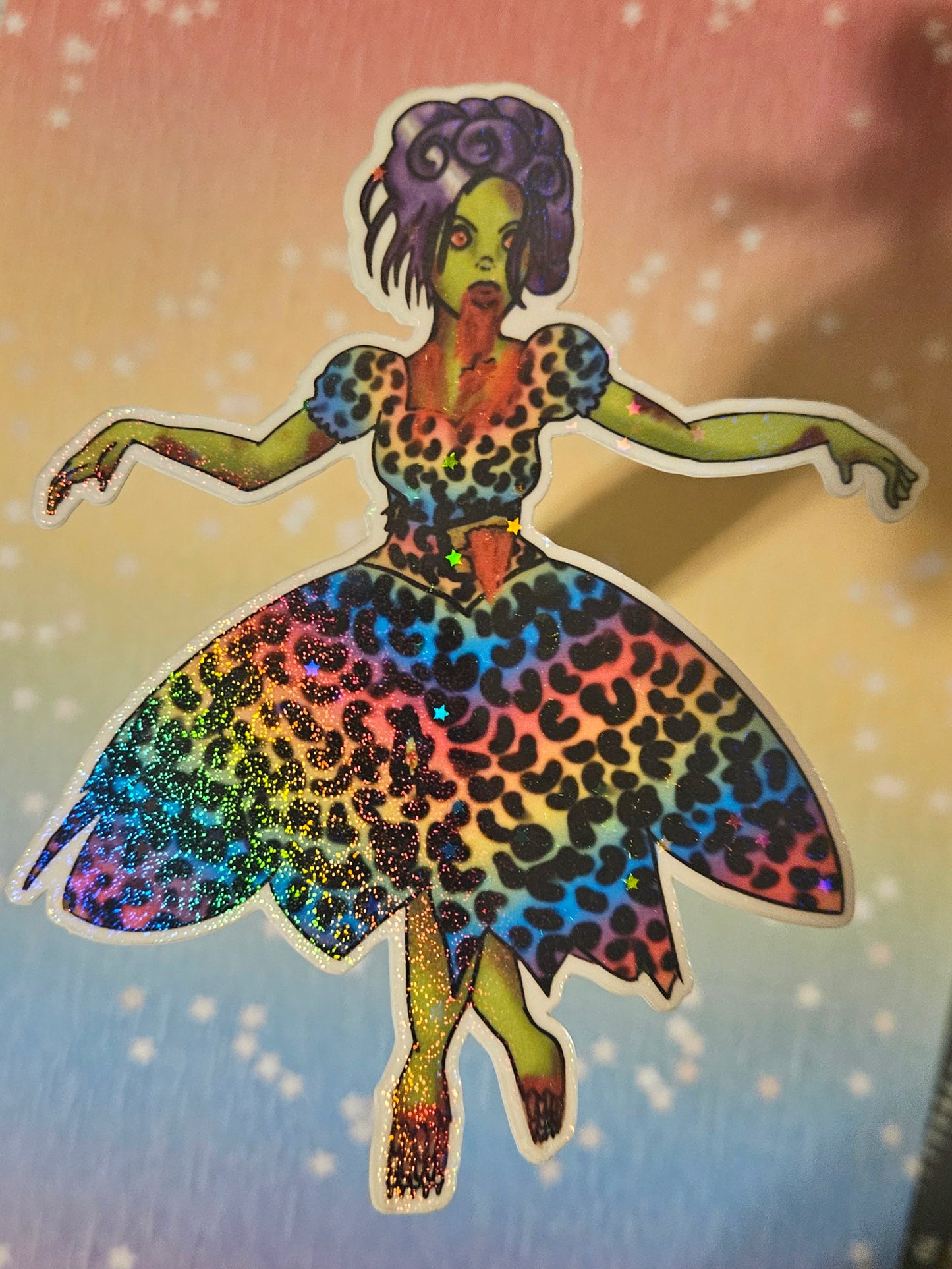 Leopard print rainbow zombie girl sticker for laptop large sticker