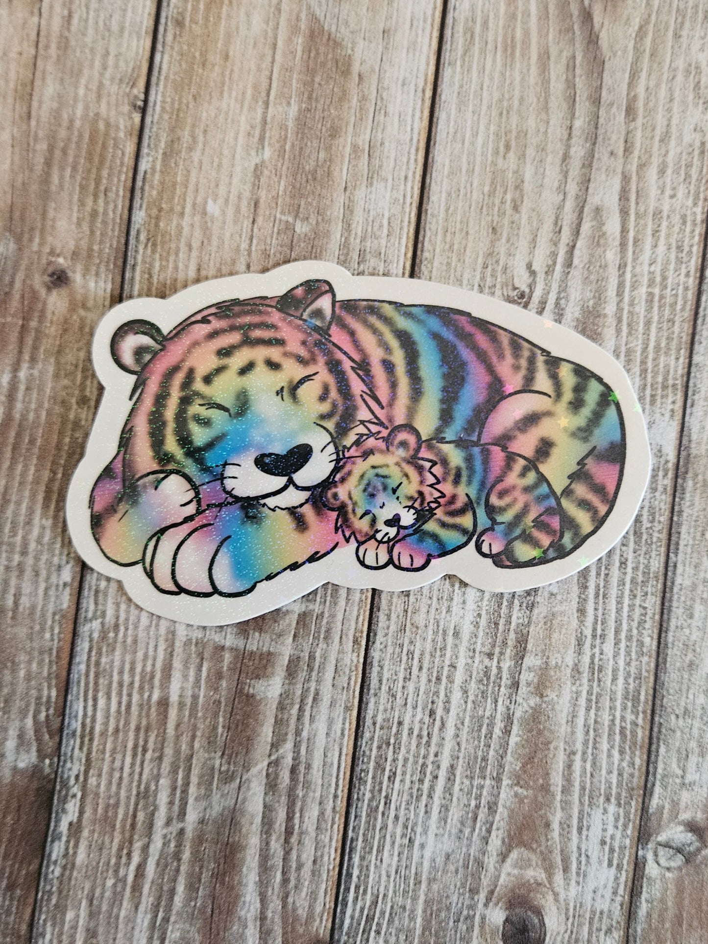 Sleeping rainbow tiger mama and baby tiger kitten sticker for water bottle