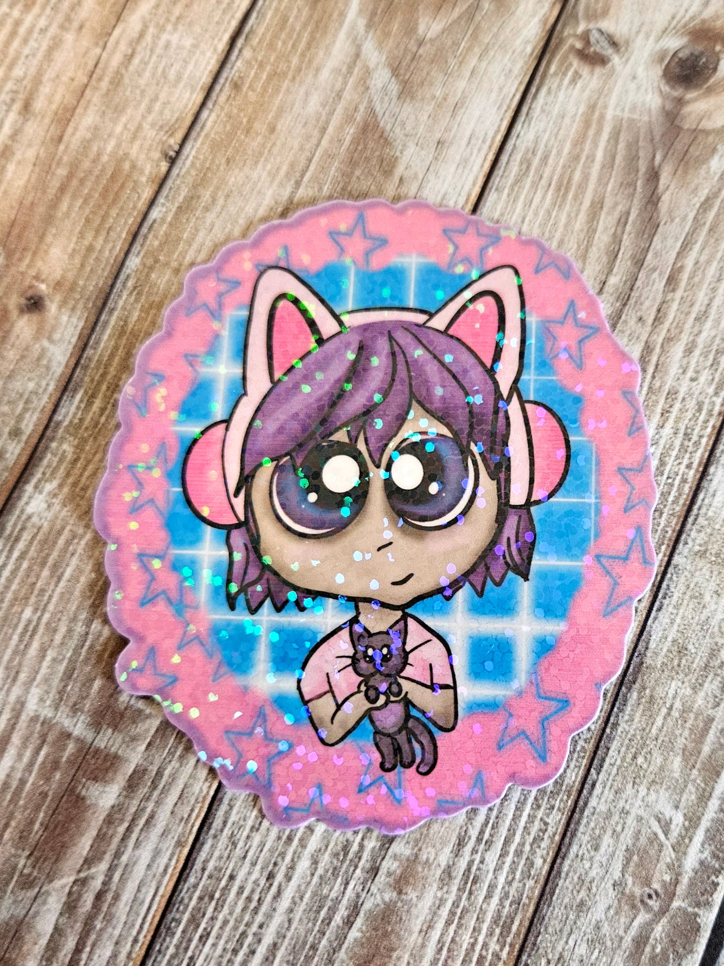 Cute cartoon girl with kitten sticker for water bottle