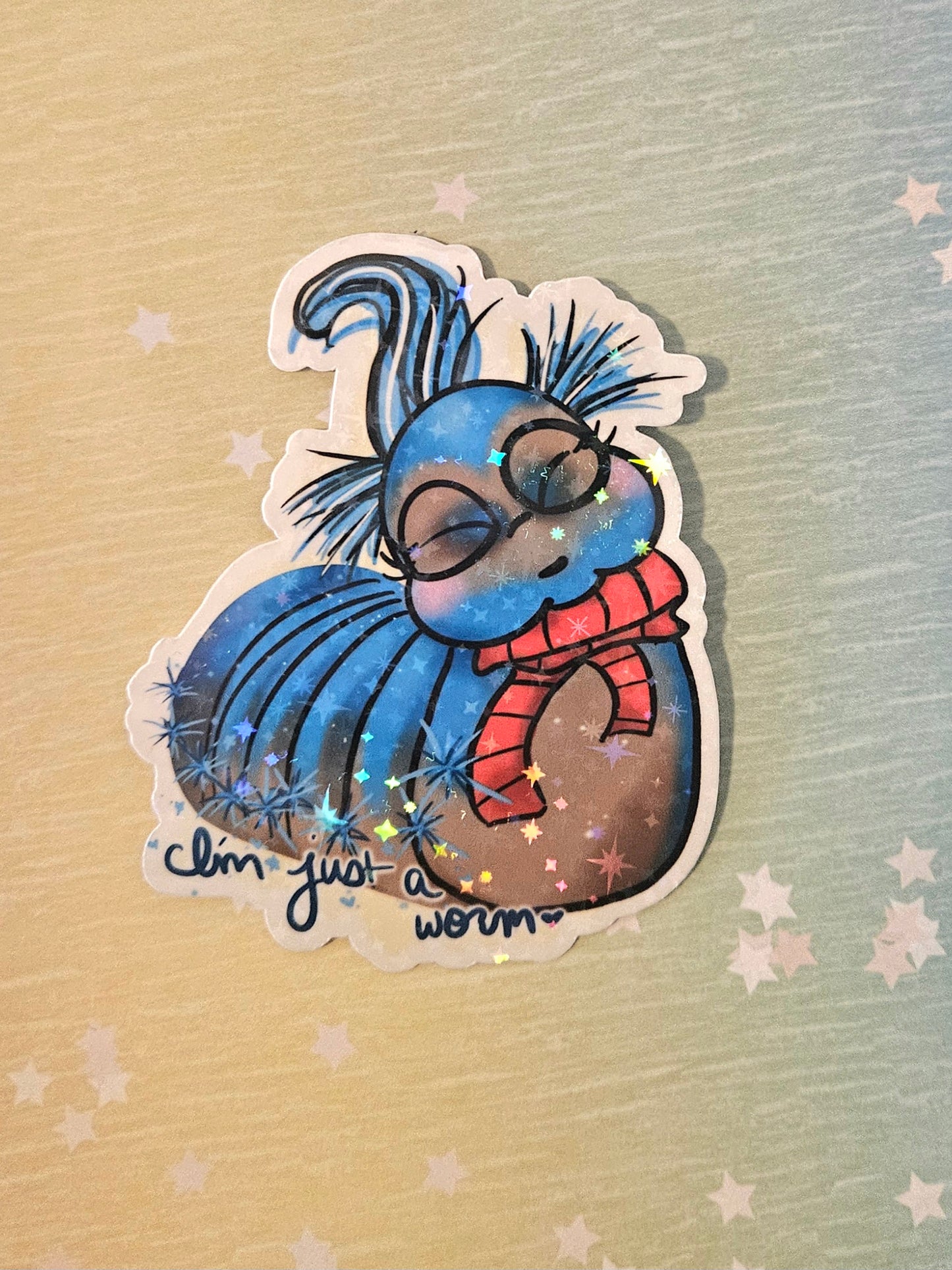 "I'm just a worm" blue worm sticker for water bottle