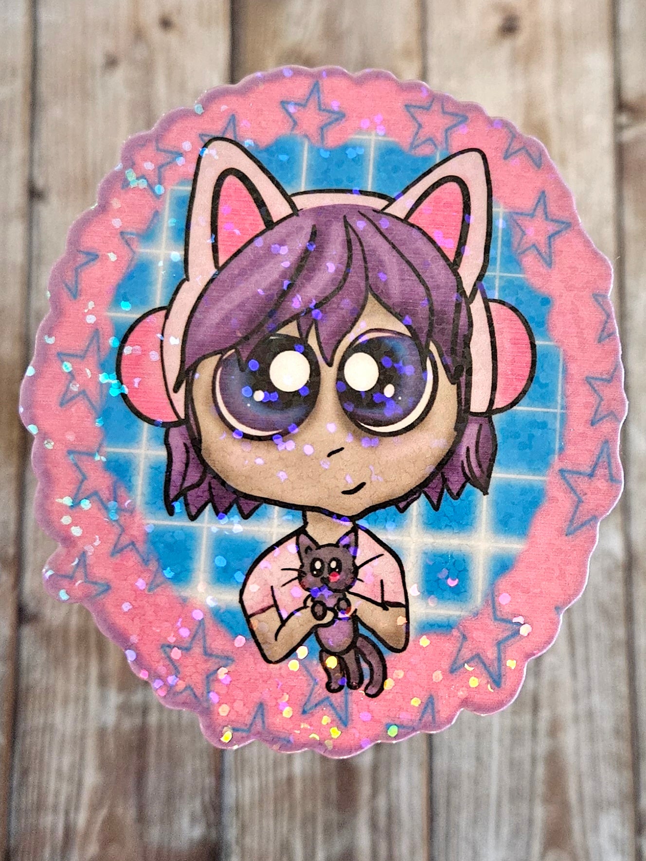 Cute cartoon girl with kitten sticker for water bottle