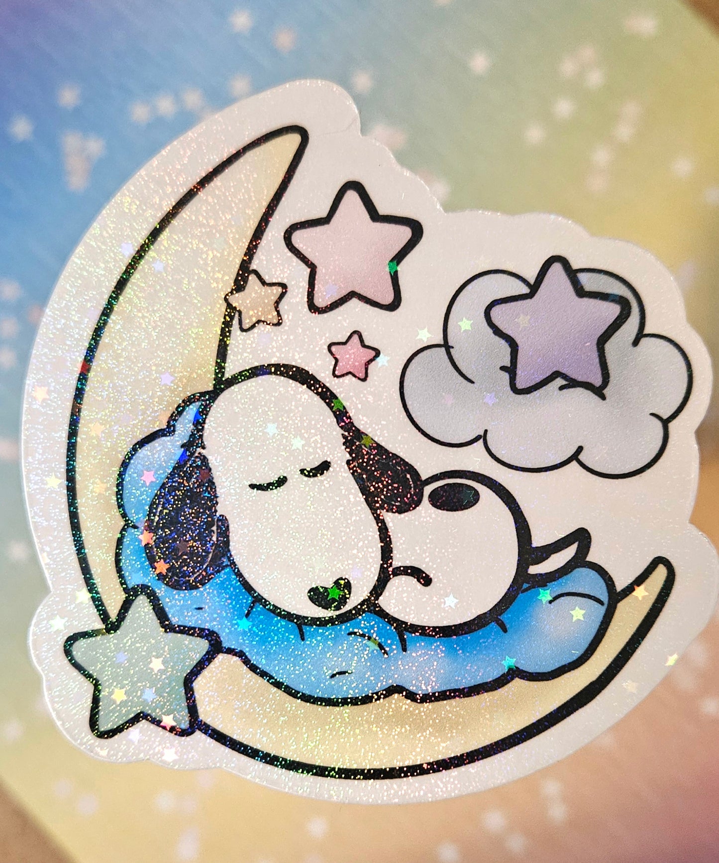 Cute sleeping cartoon white dog with moon and stars sticker for water bottle
