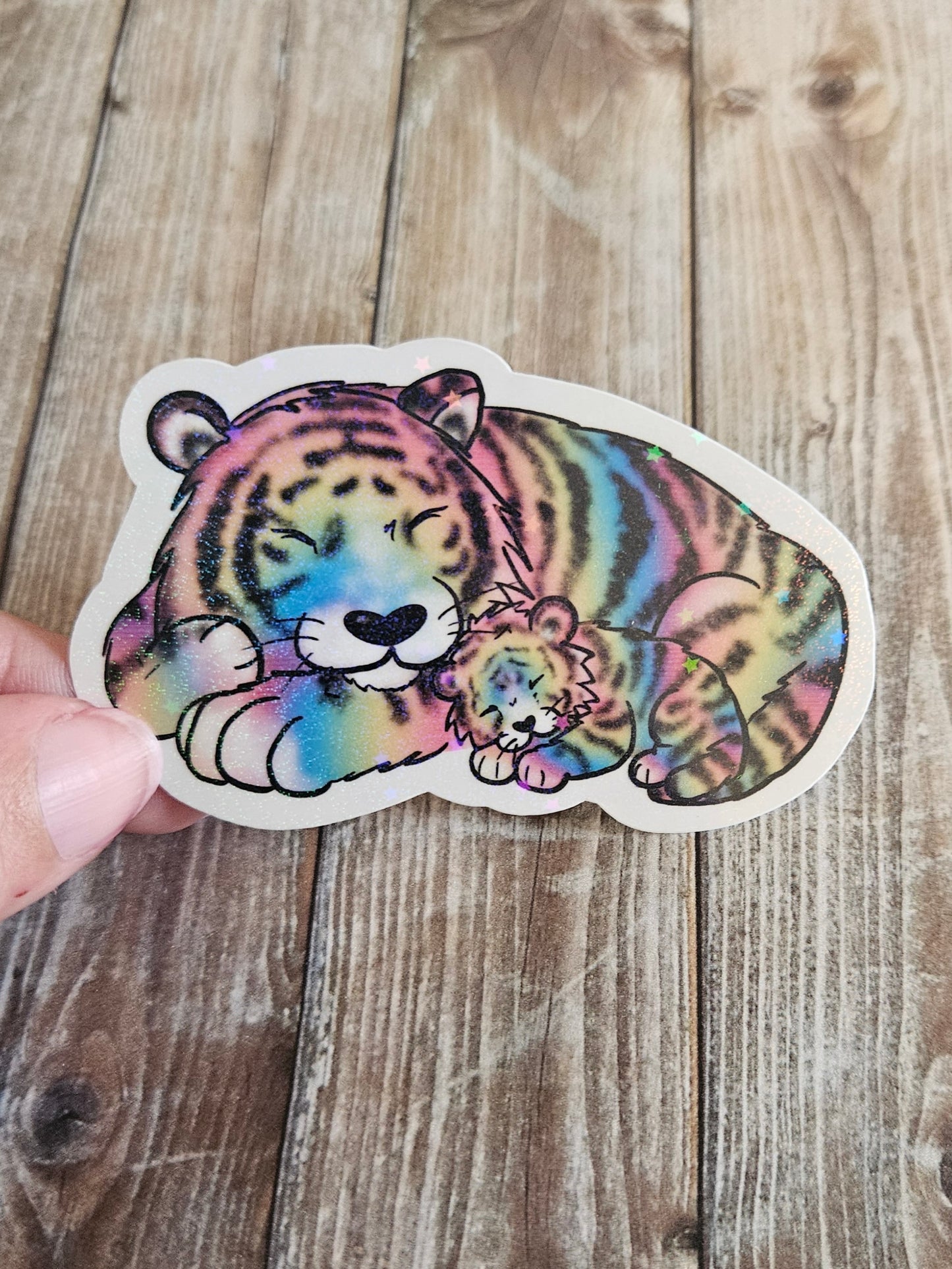 Sleeping rainbow tiger mama and baby tiger kitten sticker for water bottle