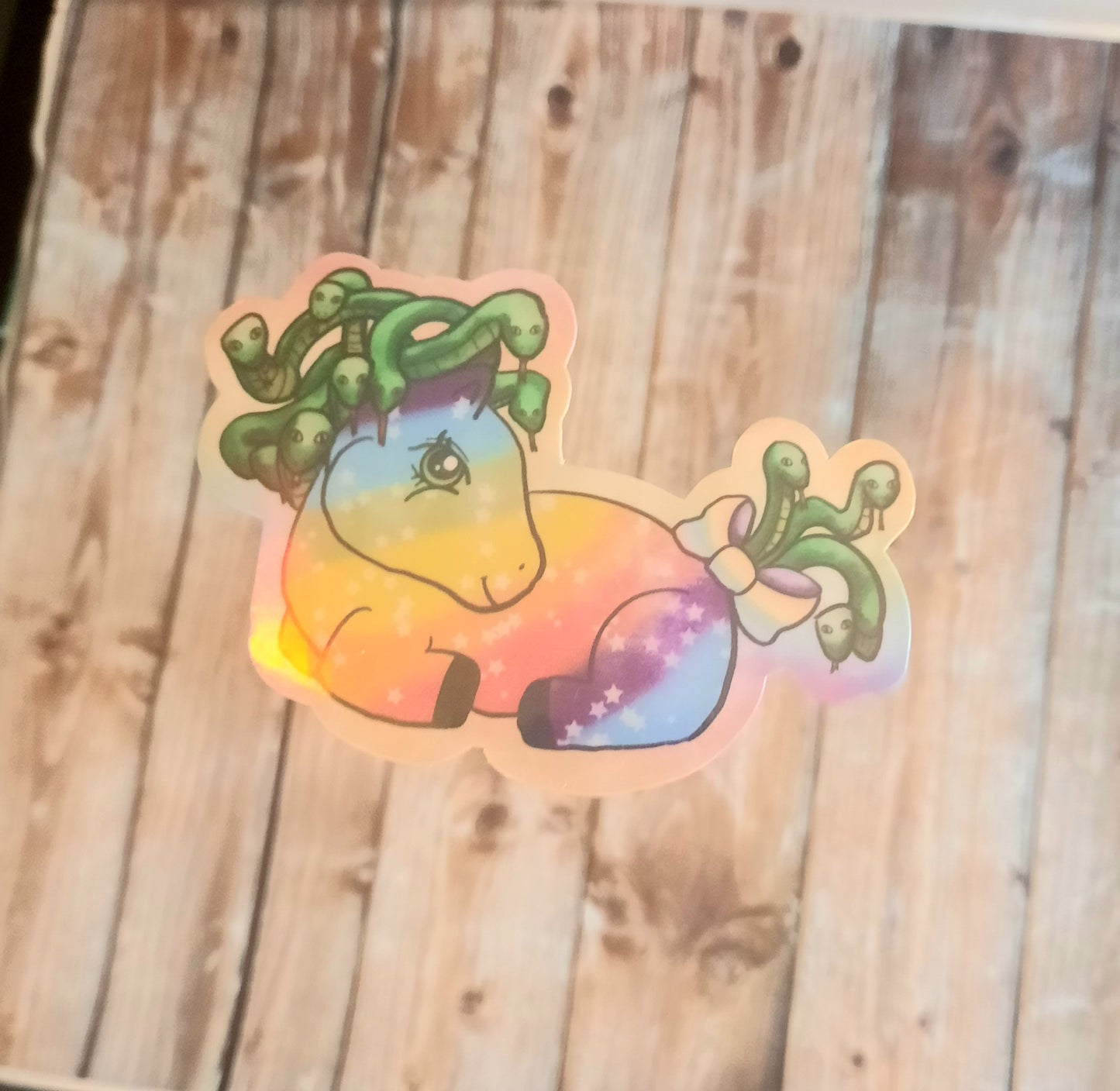 Sitting Medusa pony sticker, rainbow pony with Medusa snake hair sticker for water bottle