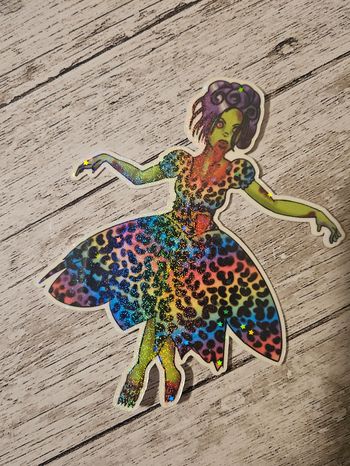 Leopard print rainbow zombie girl sticker for laptop large sticker