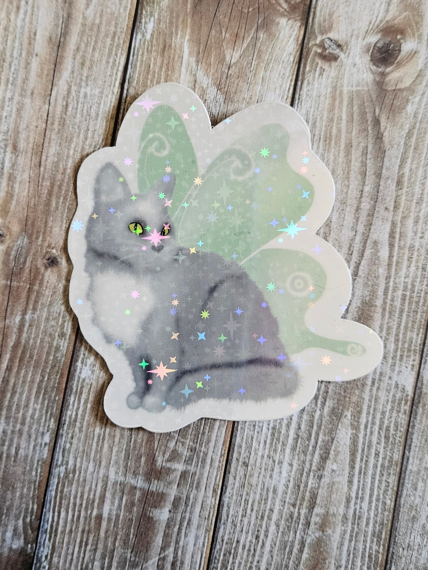 Gray cat with fairy wings sticker for water bottle
