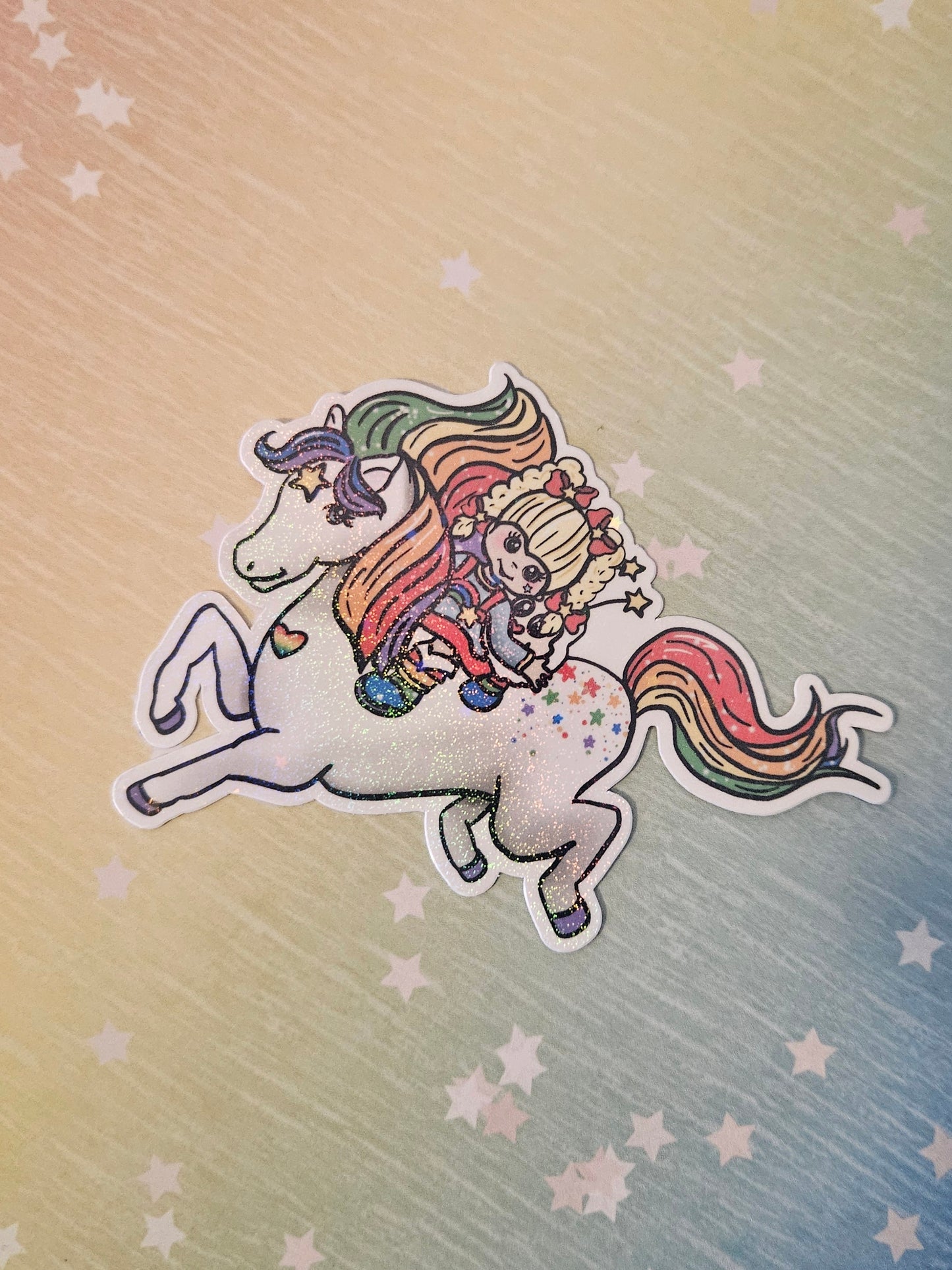 Cute rainbow girl with starbright horse sticker for water bottle, sparkly vinyl sticker for laptop