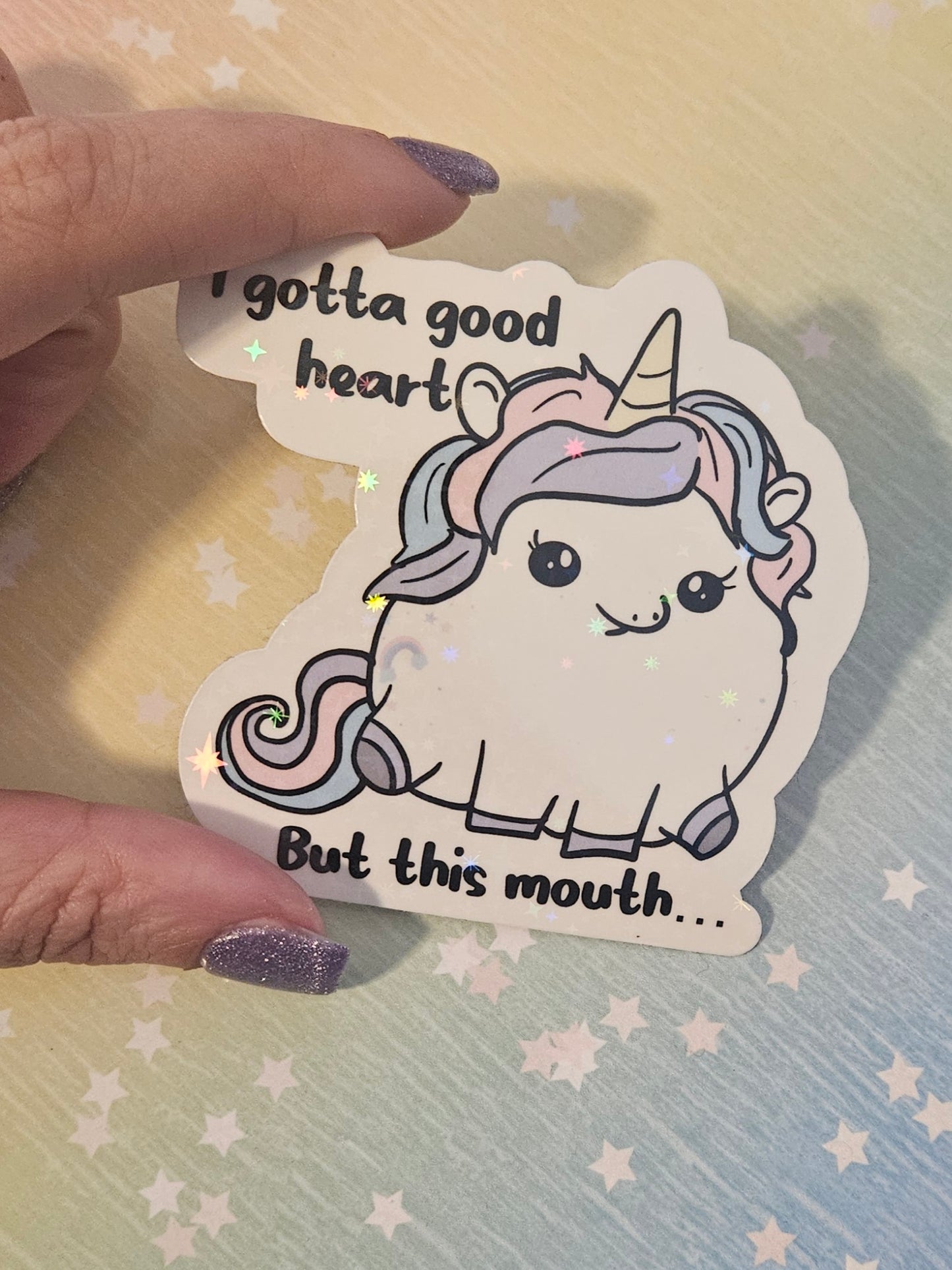 Adorable sassy unicorn sticker for water bottle, "I gotta good heart, but this mouth"