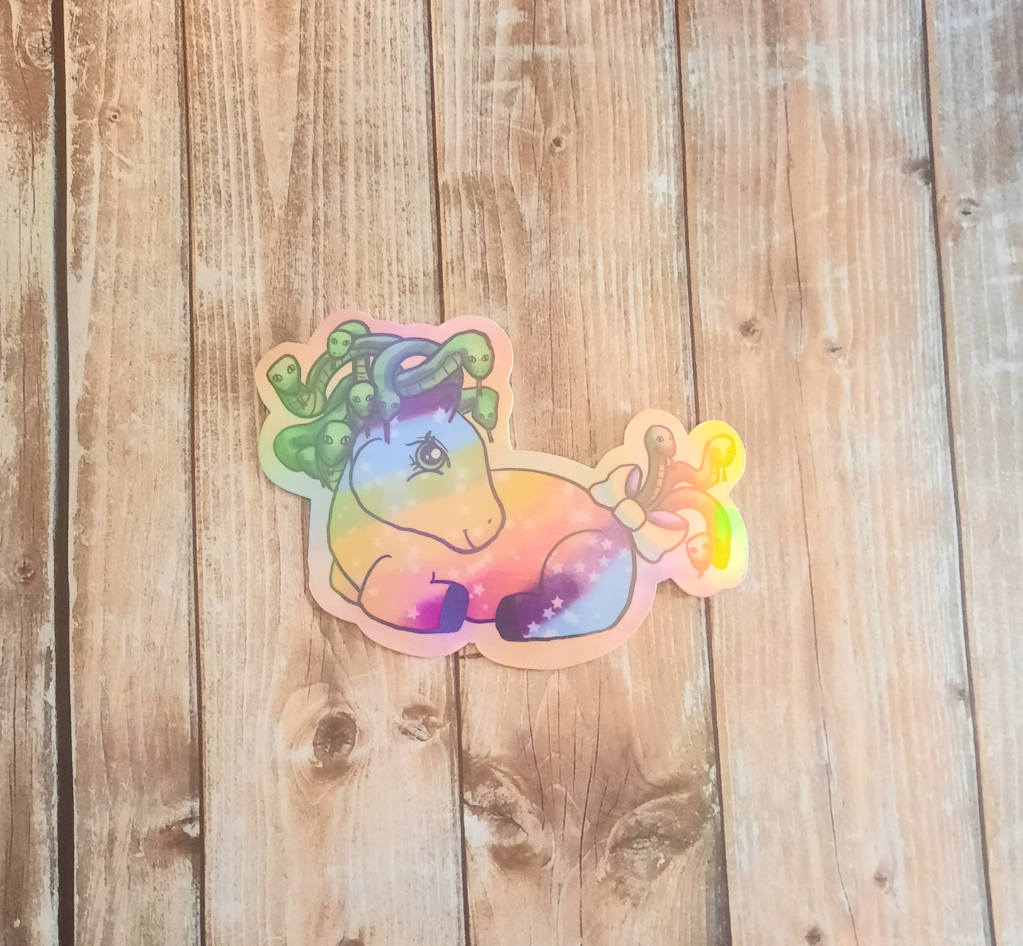 Sitting Medusa pony sticker, rainbow pony with Medusa snake hair sticker for water bottle