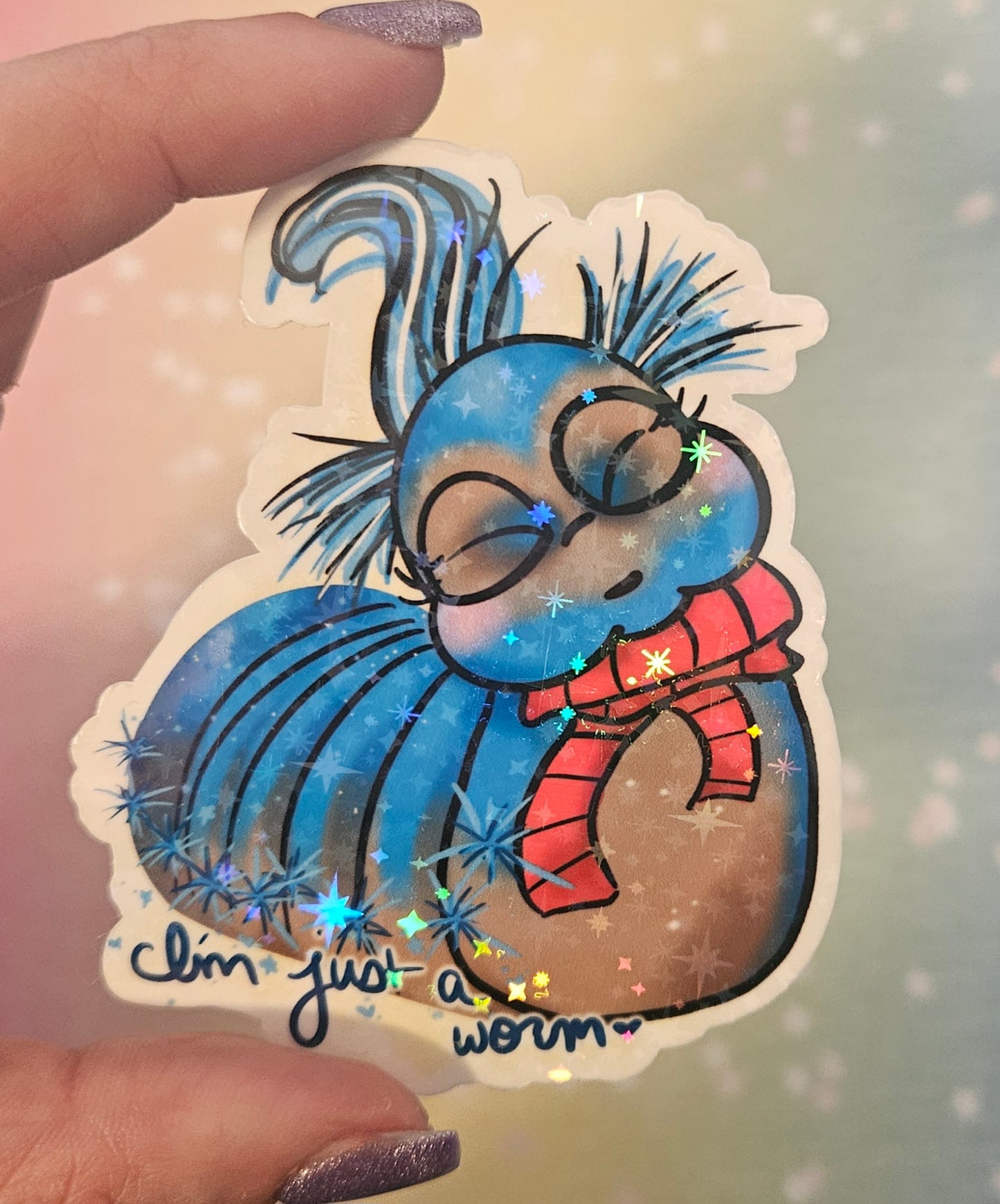 "I'm just a worm" blue worm sticker for water bottle