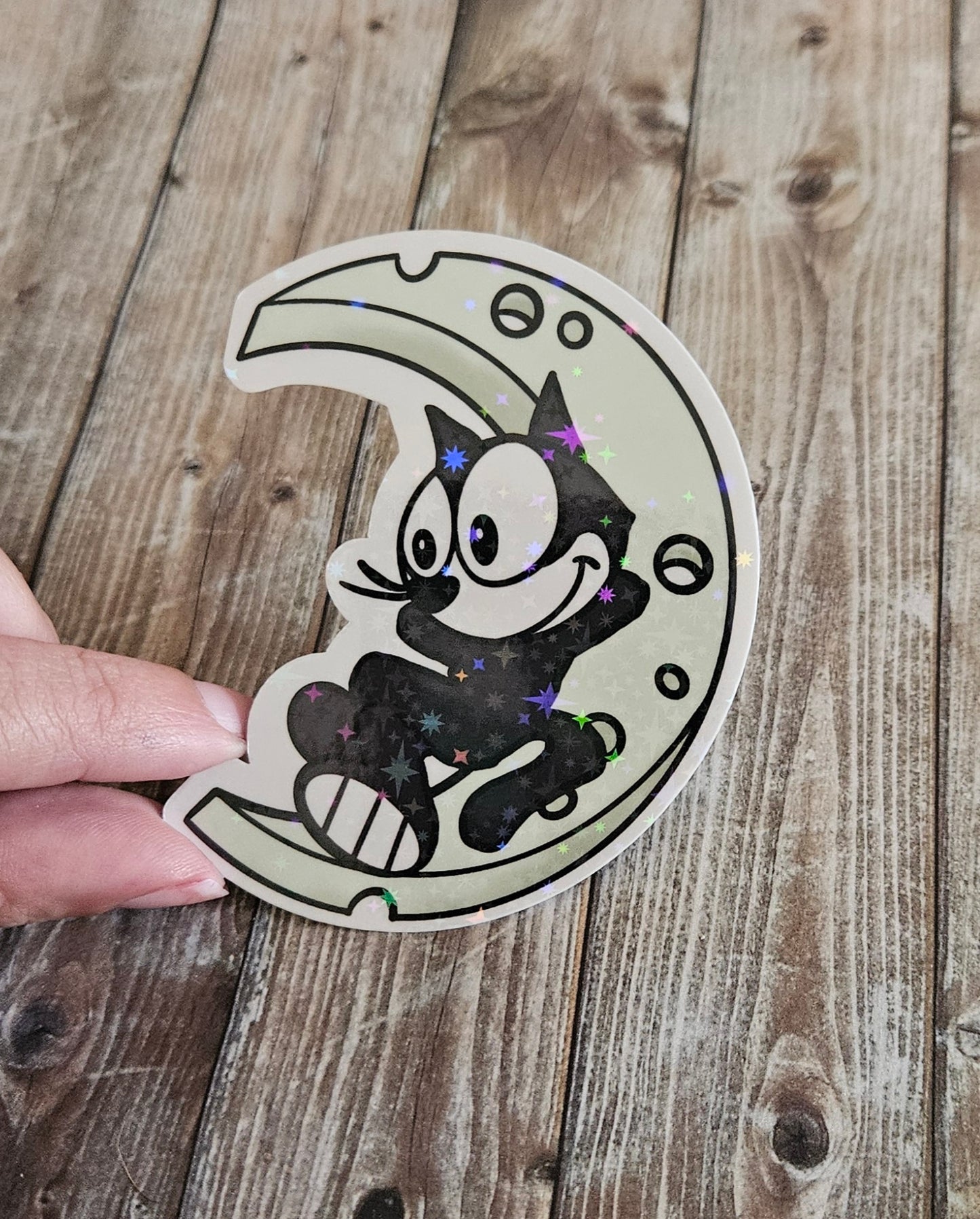 Cute black cat on a cheese moon sticker for water bottle