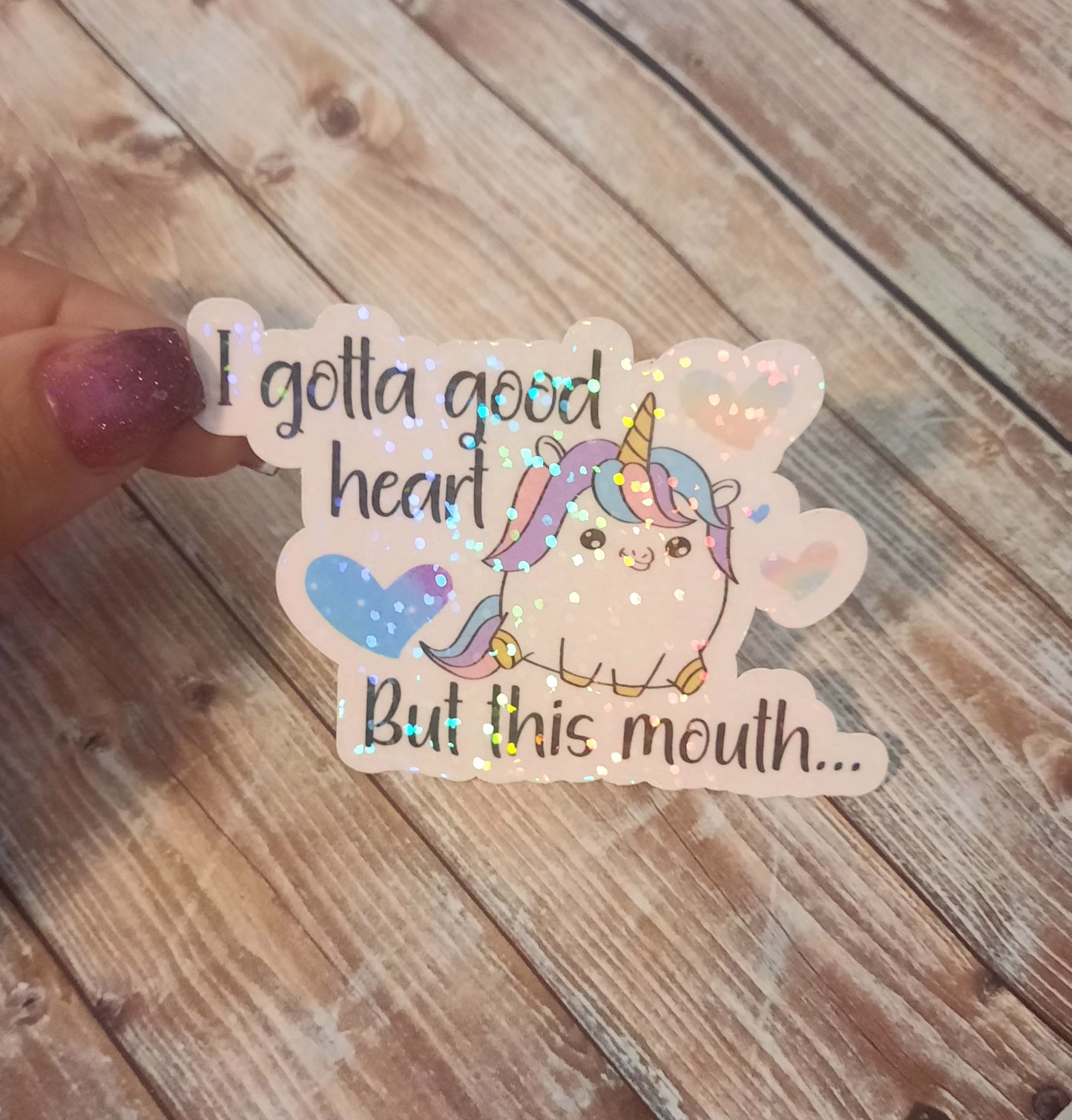 I got a good heart, but this mouth unicorn sticker for water bottle