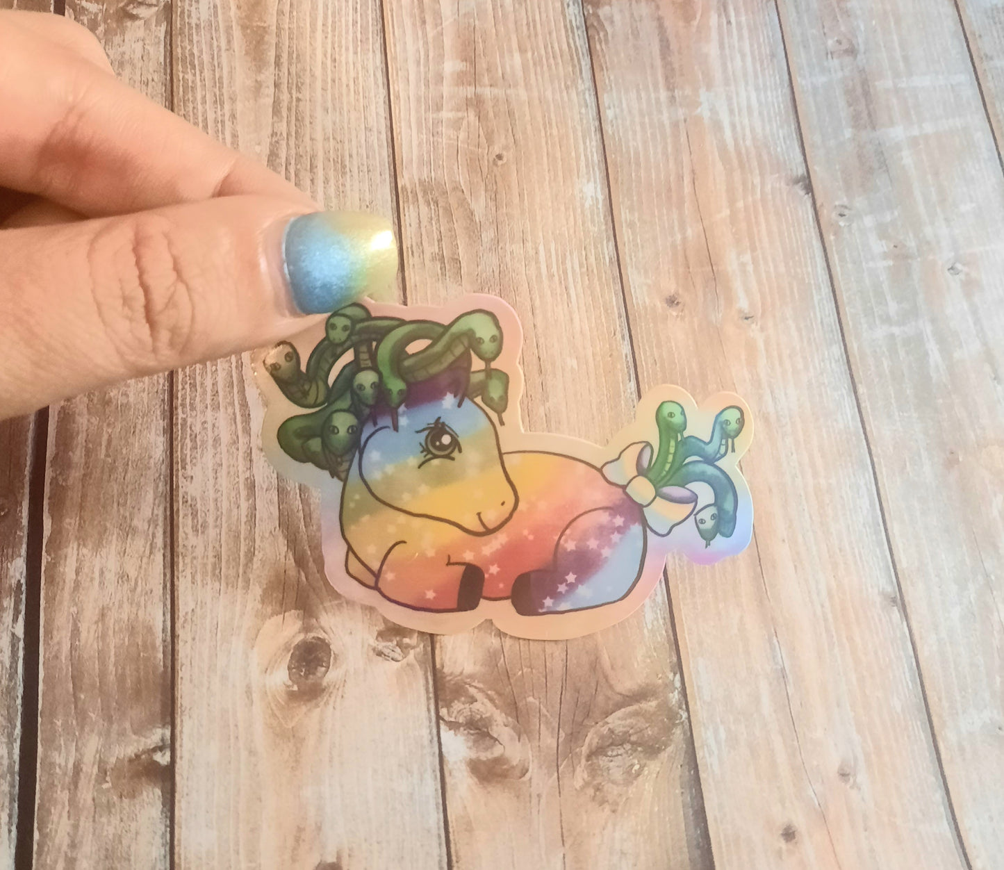 Sitting Medusa pony sticker, rainbow pony with Medusa snake hair sticker for water bottle