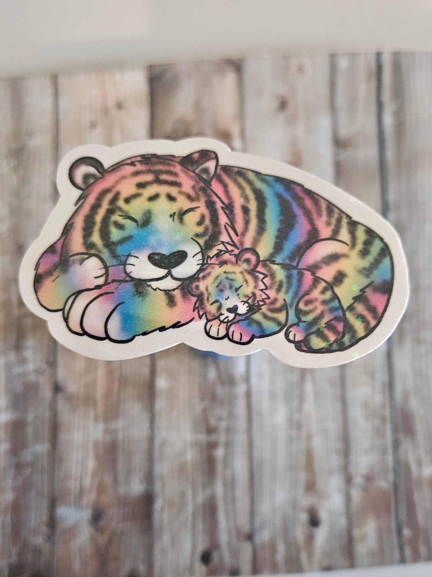 Sleeping rainbow tiger mama and baby tiger kitten sticker for water bottle