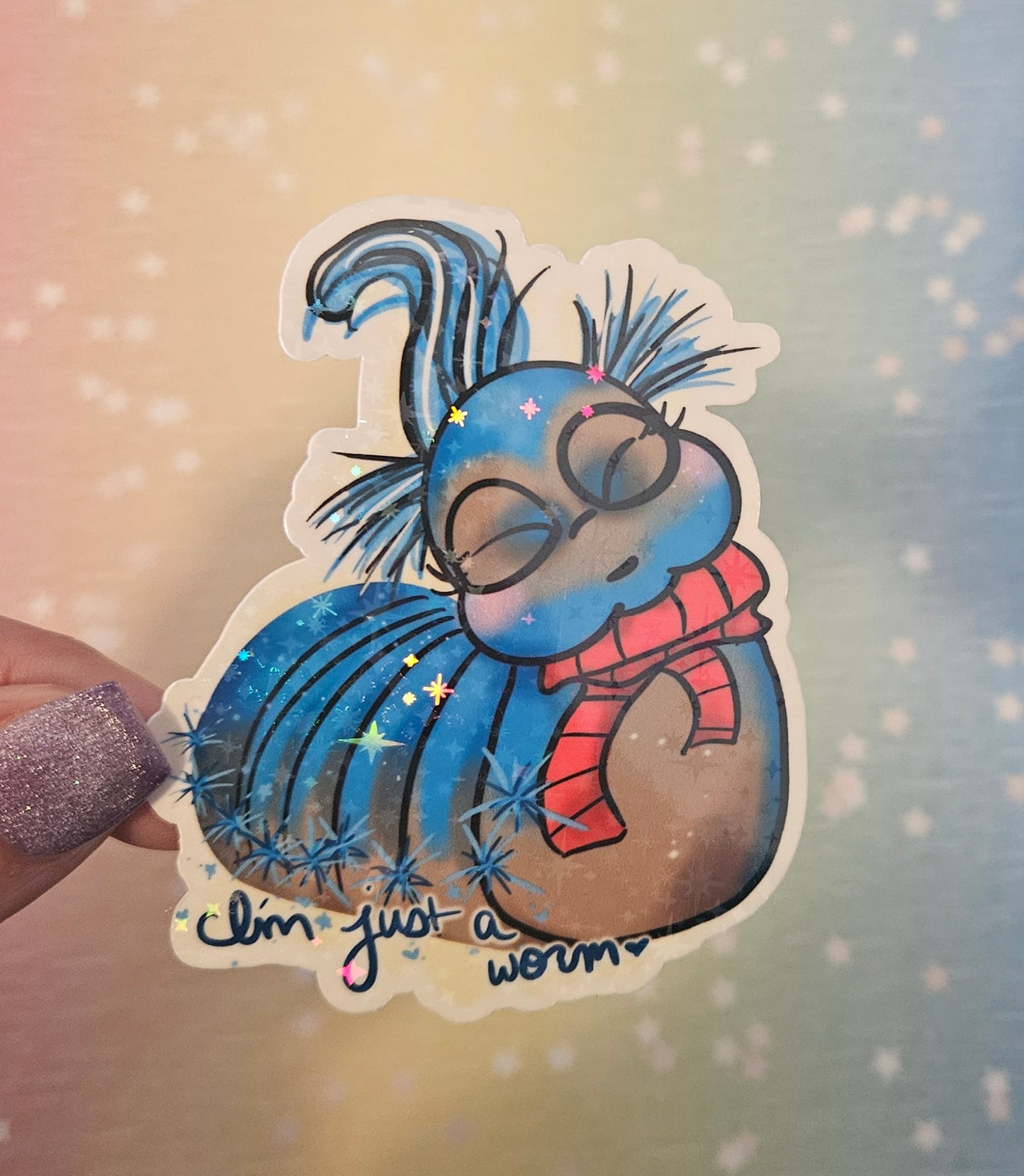 "I'm just a worm" blue worm sticker for water bottle