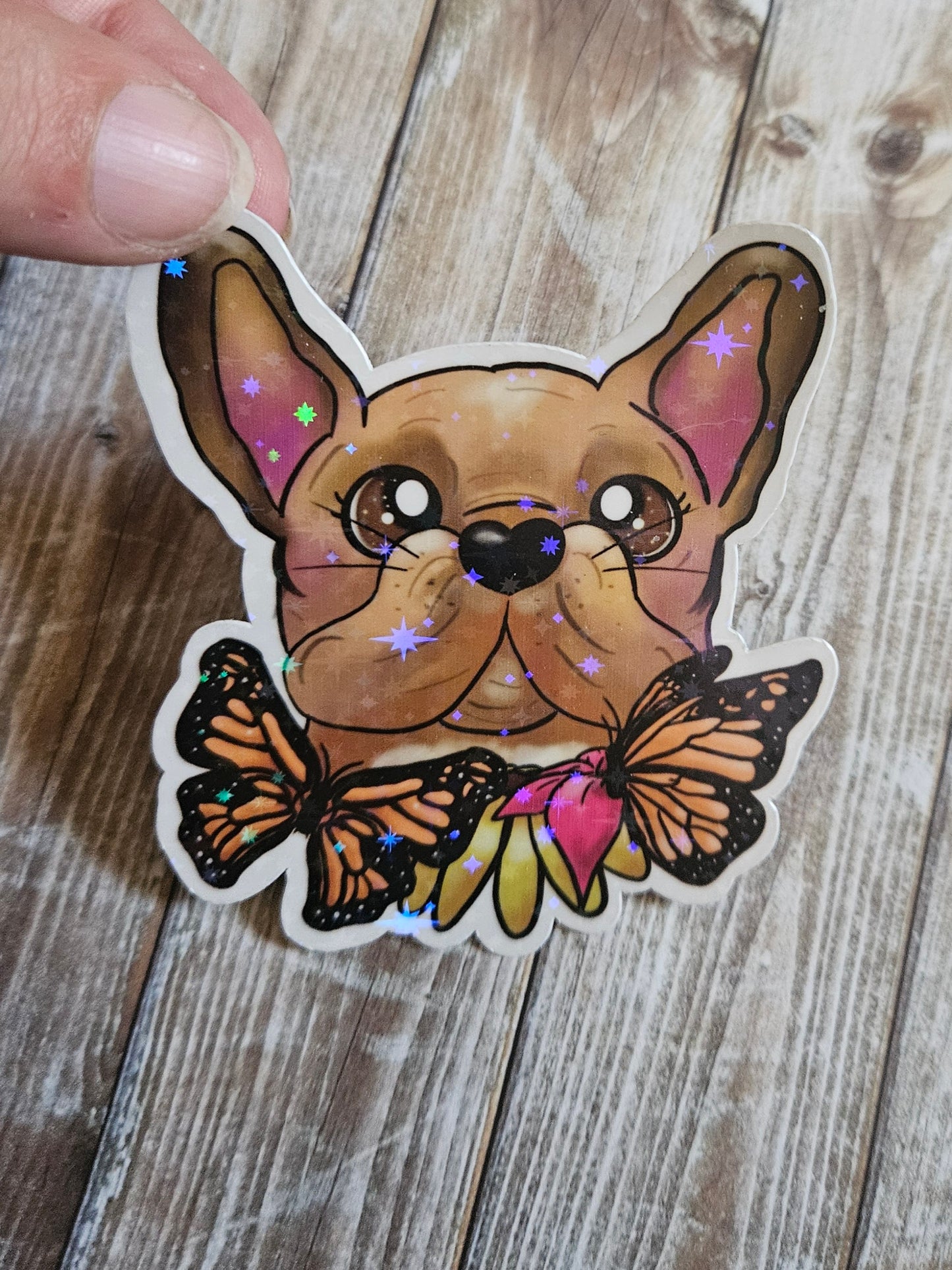 Frenchie with butterflies sticker for water bottle