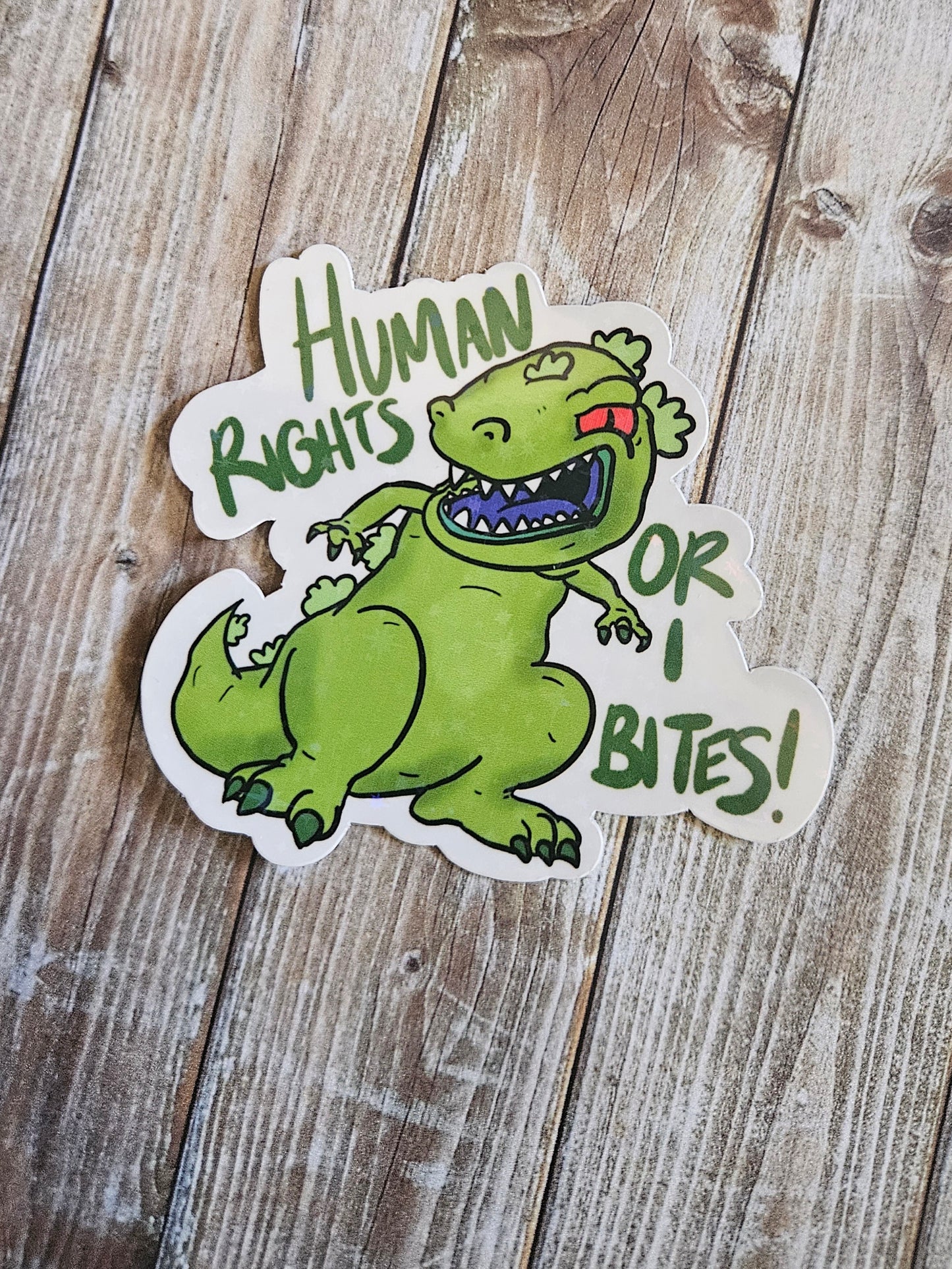 Human rights or I bites green dinosaur sticker for water bottle, nostalgic sticker