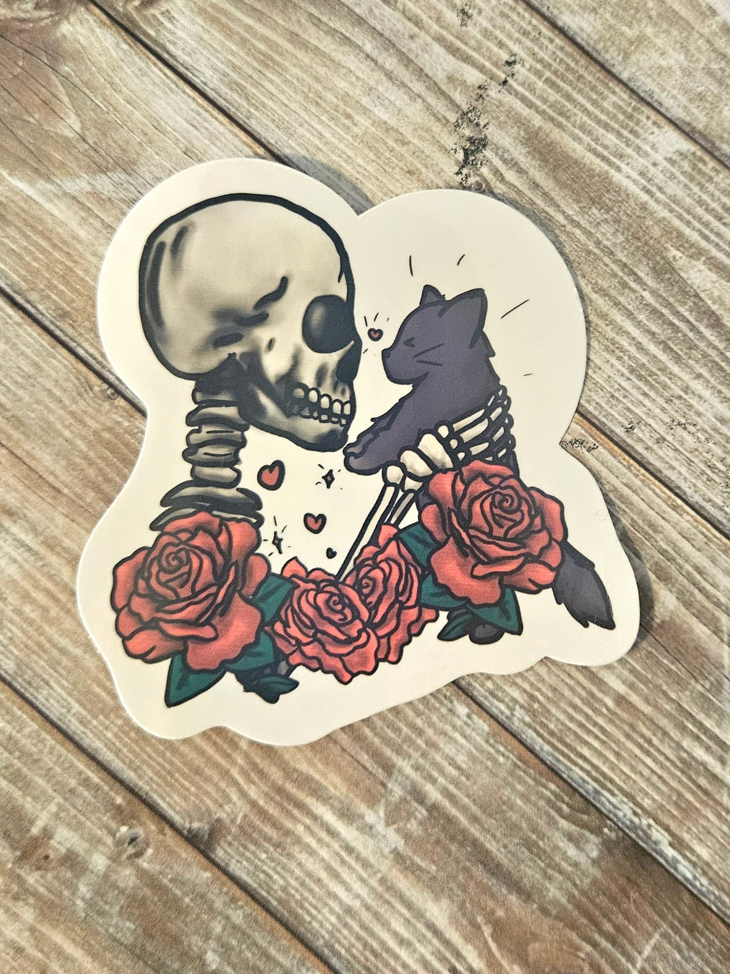 Skeleton holding kitty sticker for water bottle