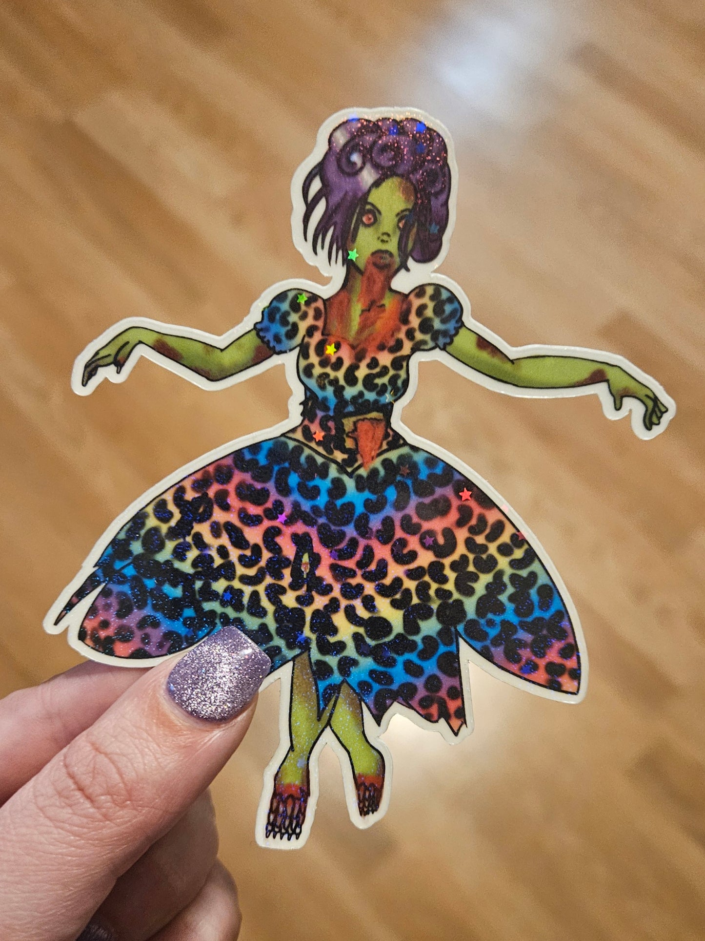 Leopard print rainbow zombie girl sticker for laptop large sticker
