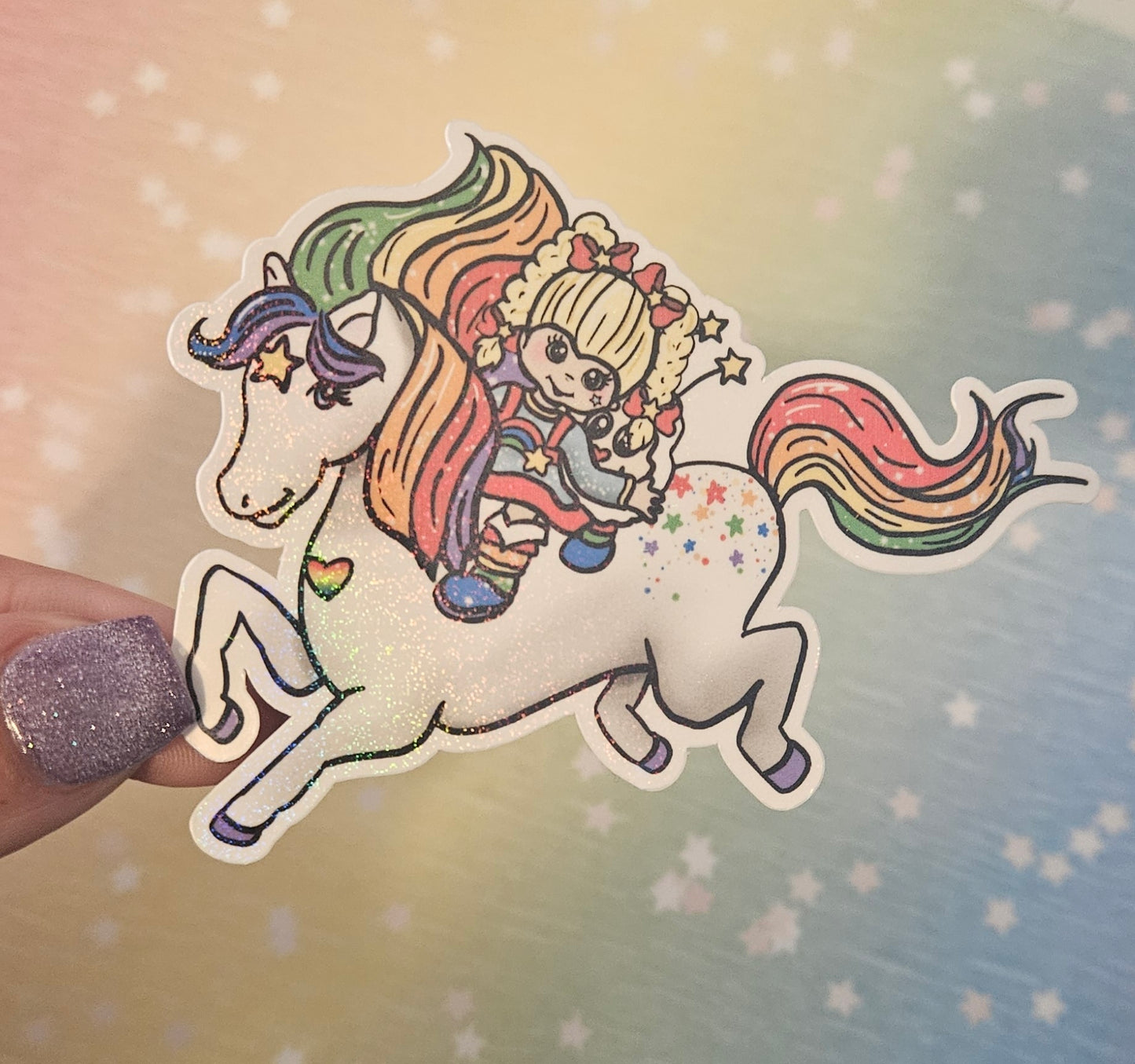 Cute rainbow girl with starbright horse sticker for water bottle, sparkly vinyl sticker for laptop
