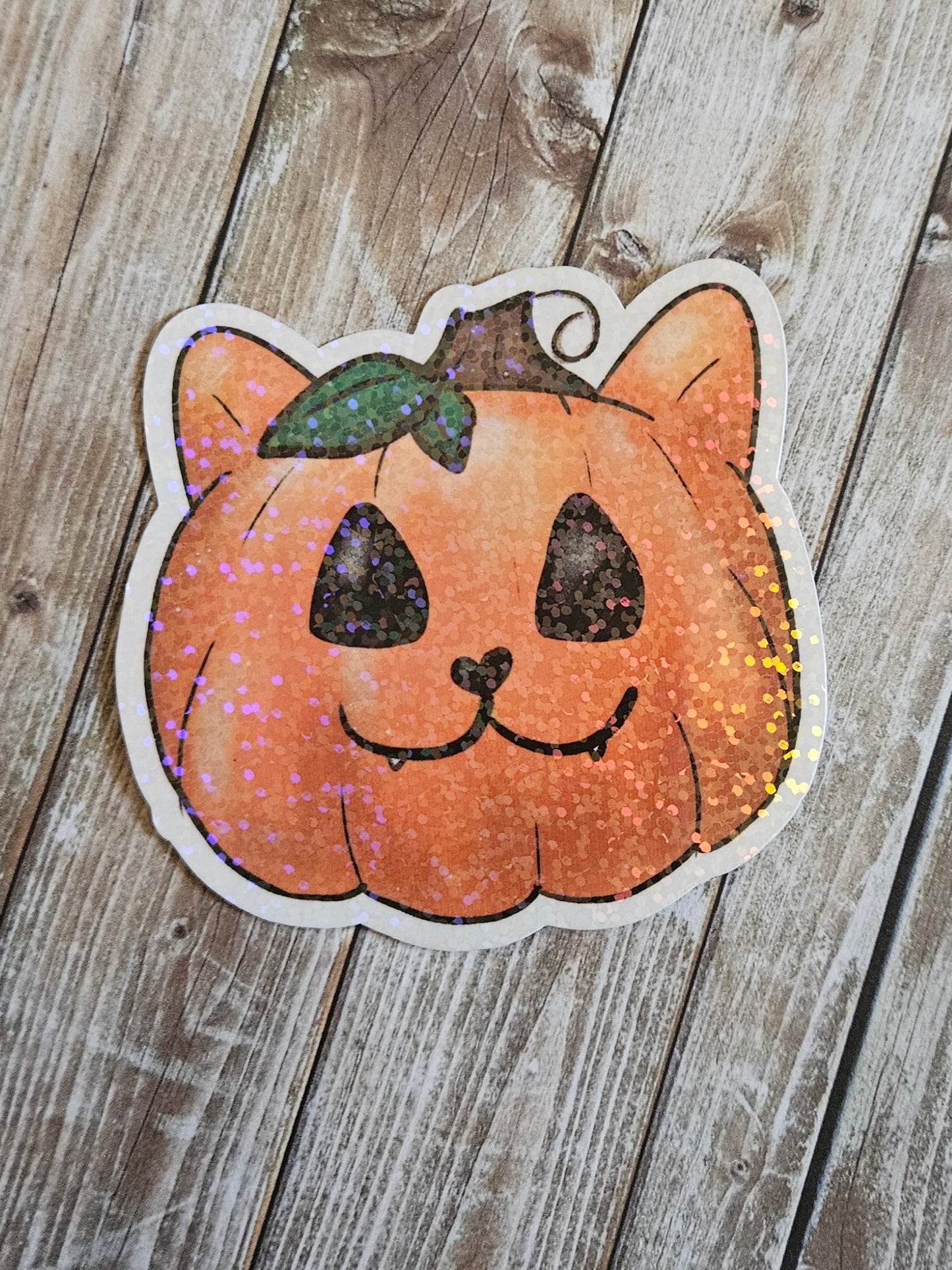 Pumpkin cat sticker for water bottle, cute sparkly cat sticker for laptop