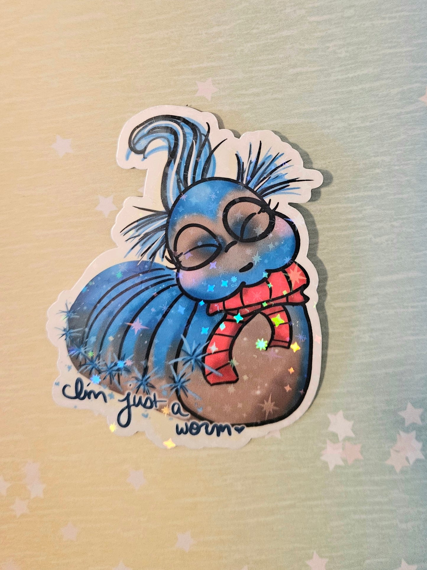 "I'm just a worm" blue worm sticker for water bottle
