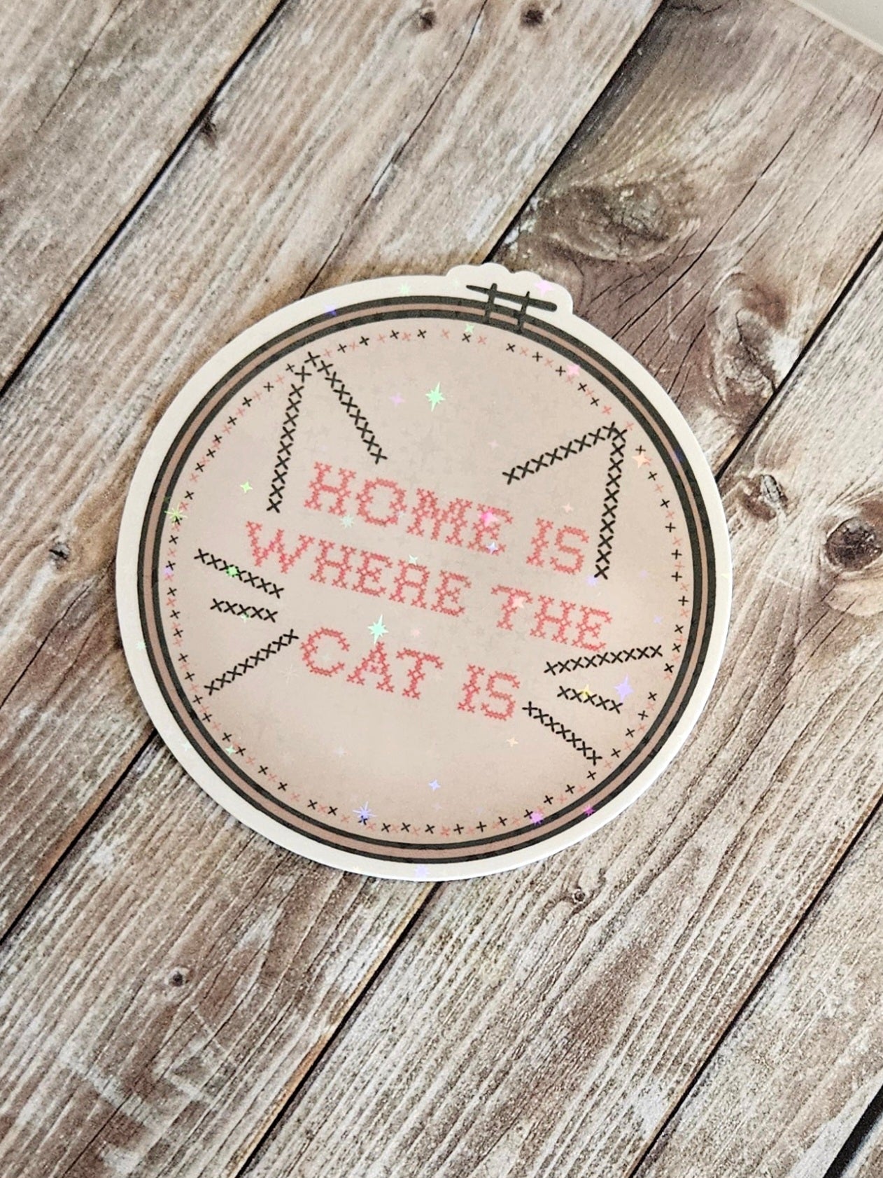 Home is where the cat is cross stitch embroidery sticker for water bottle