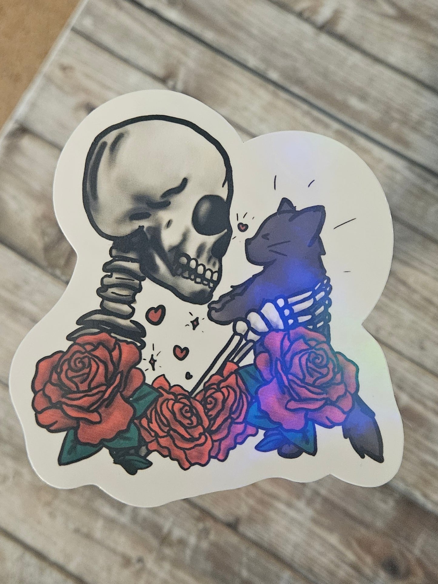 Skeleton holding kitty sticker for water bottle