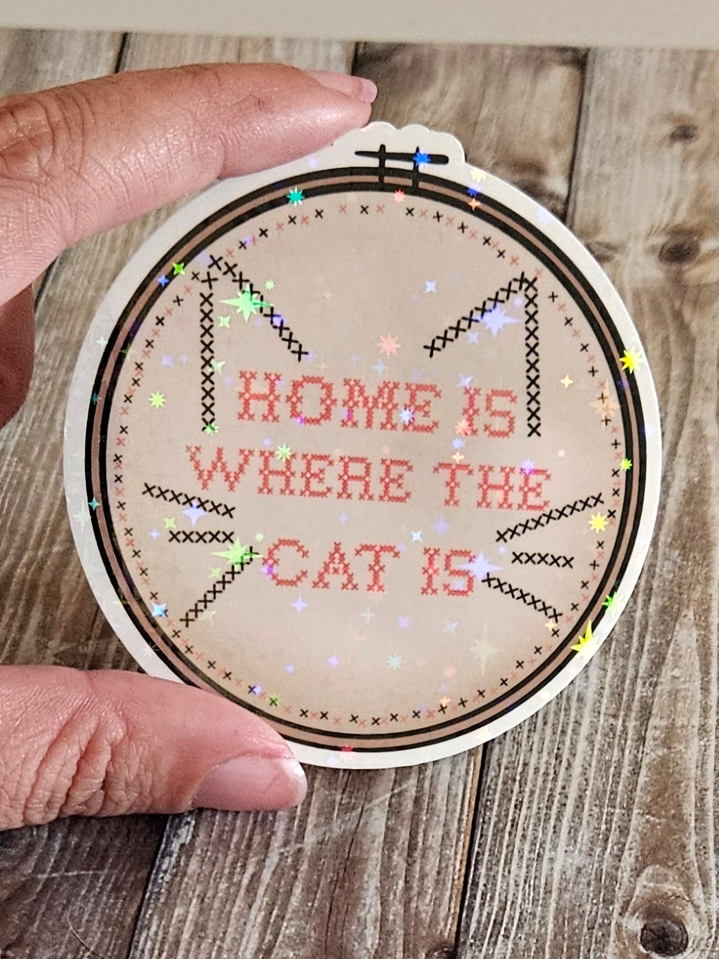 Home is where the cat is cross stitch embroidery sticker for water bottle