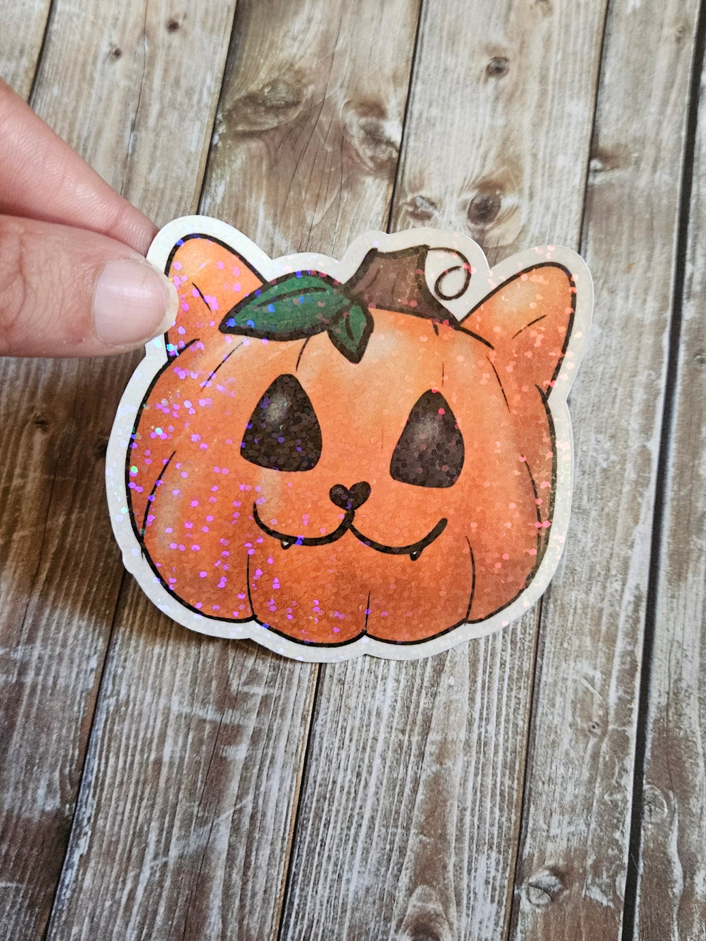 Pumpkin cat sticker for water bottle, cute sparkly cat sticker for laptop