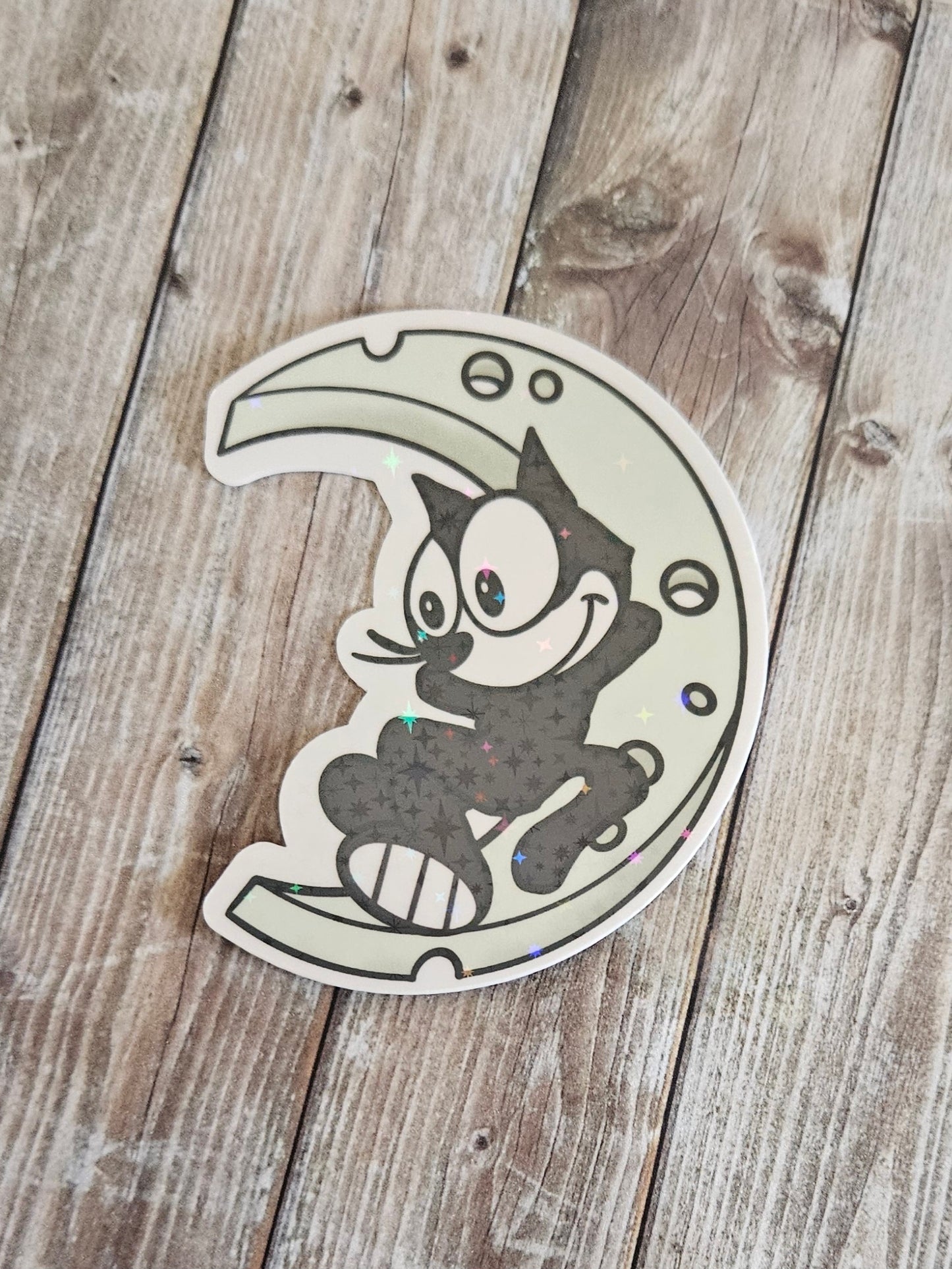 Cute black cat on a cheese moon sticker for water bottle