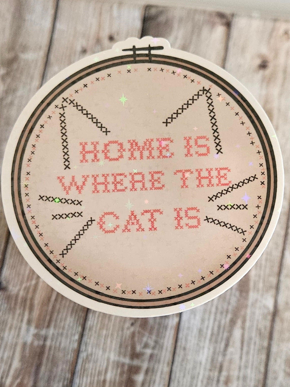 Home is where the cat is cross stitch embroidery sticker for water bottle
