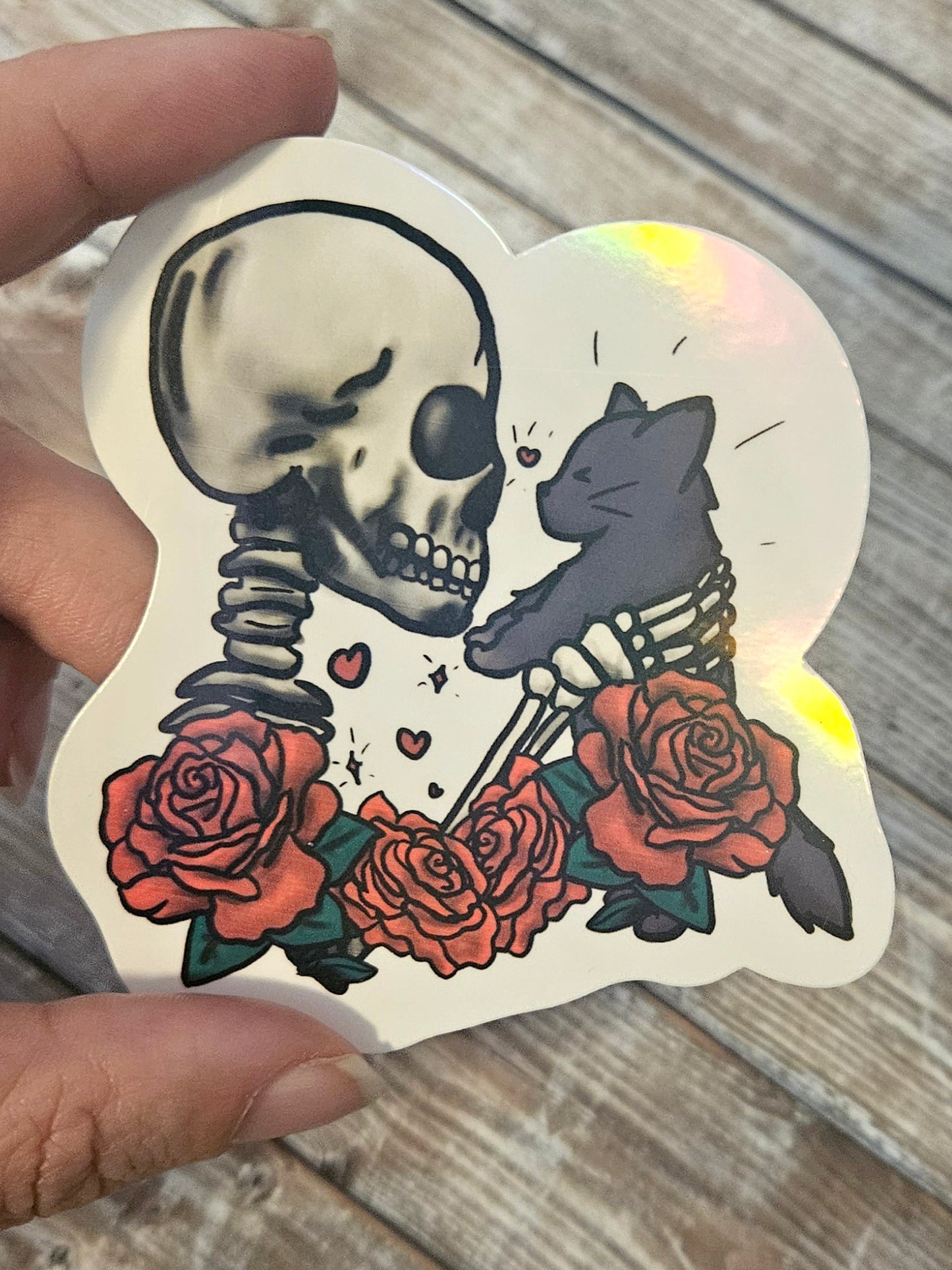 Skeleton holding kitty sticker for water bottle