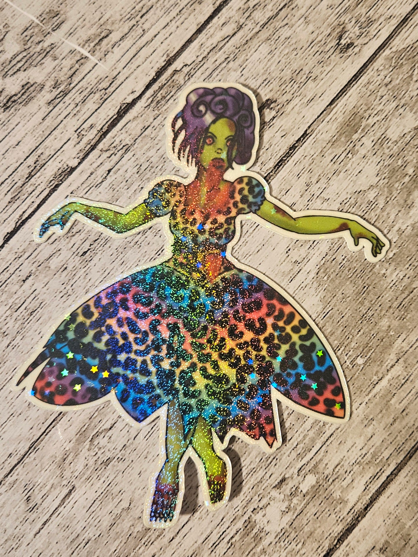 Leopard print rainbow zombie girl sticker for laptop large sticker