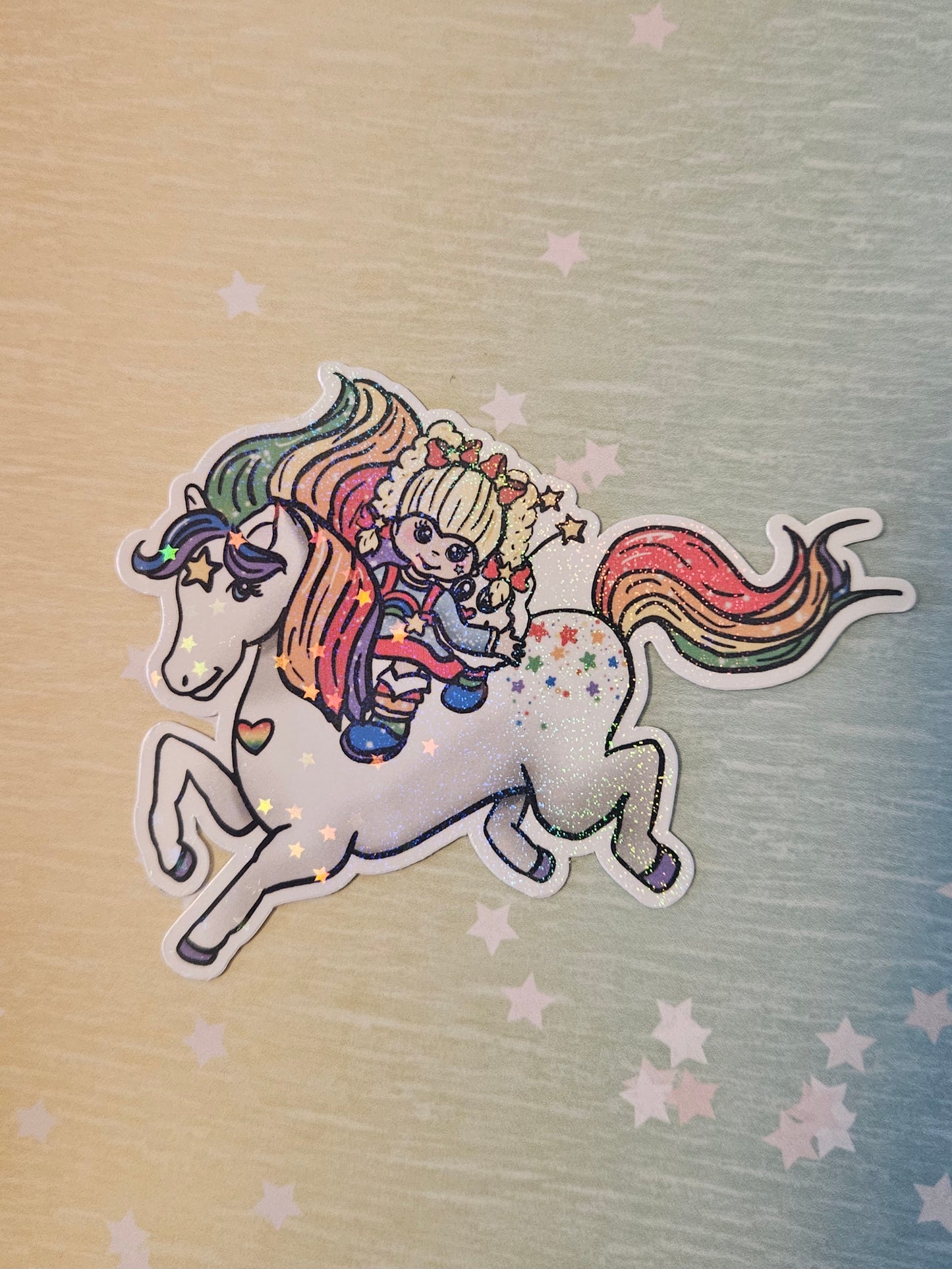 Cute rainbow girl with starbright horse sticker for water bottle, sparkly vinyl sticker for laptop