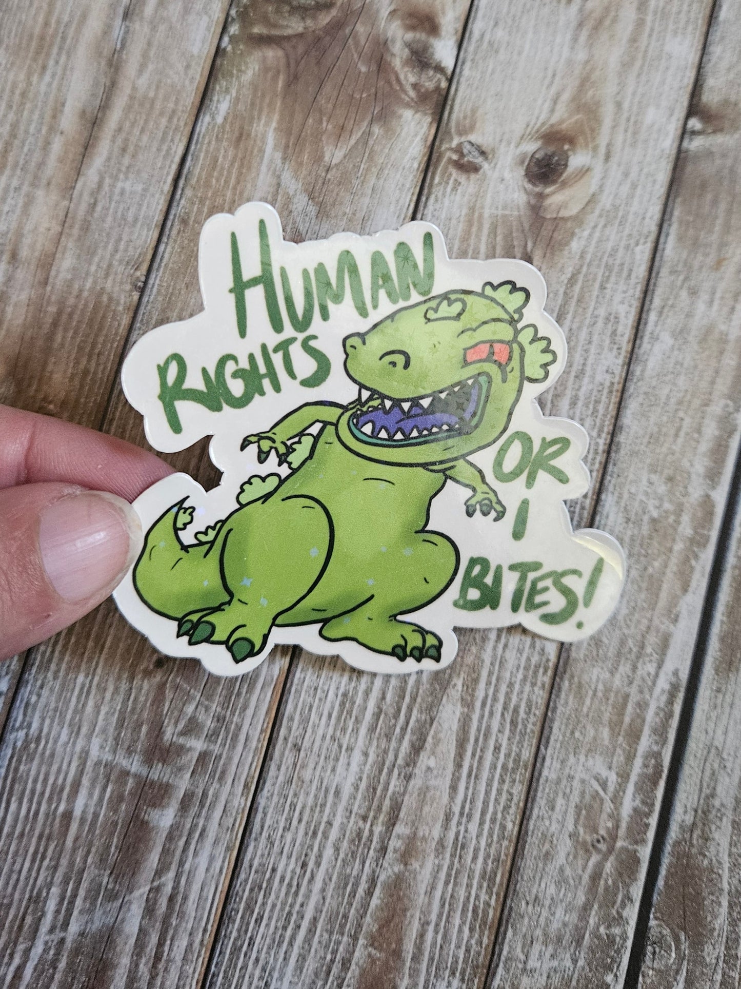 Human rights or I bites green dinosaur sticker for water bottle, nostalgic sticker