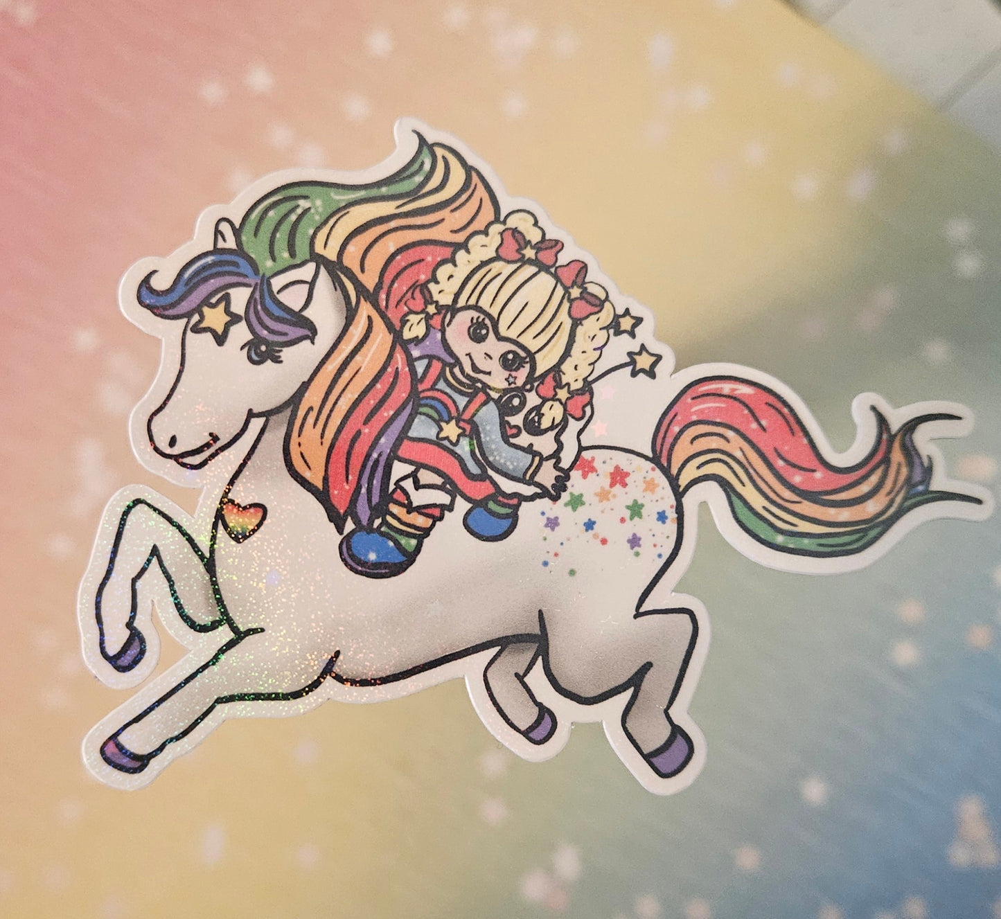 Cute rainbow girl with starbright horse sticker for water bottle, sparkly vinyl sticker for laptop