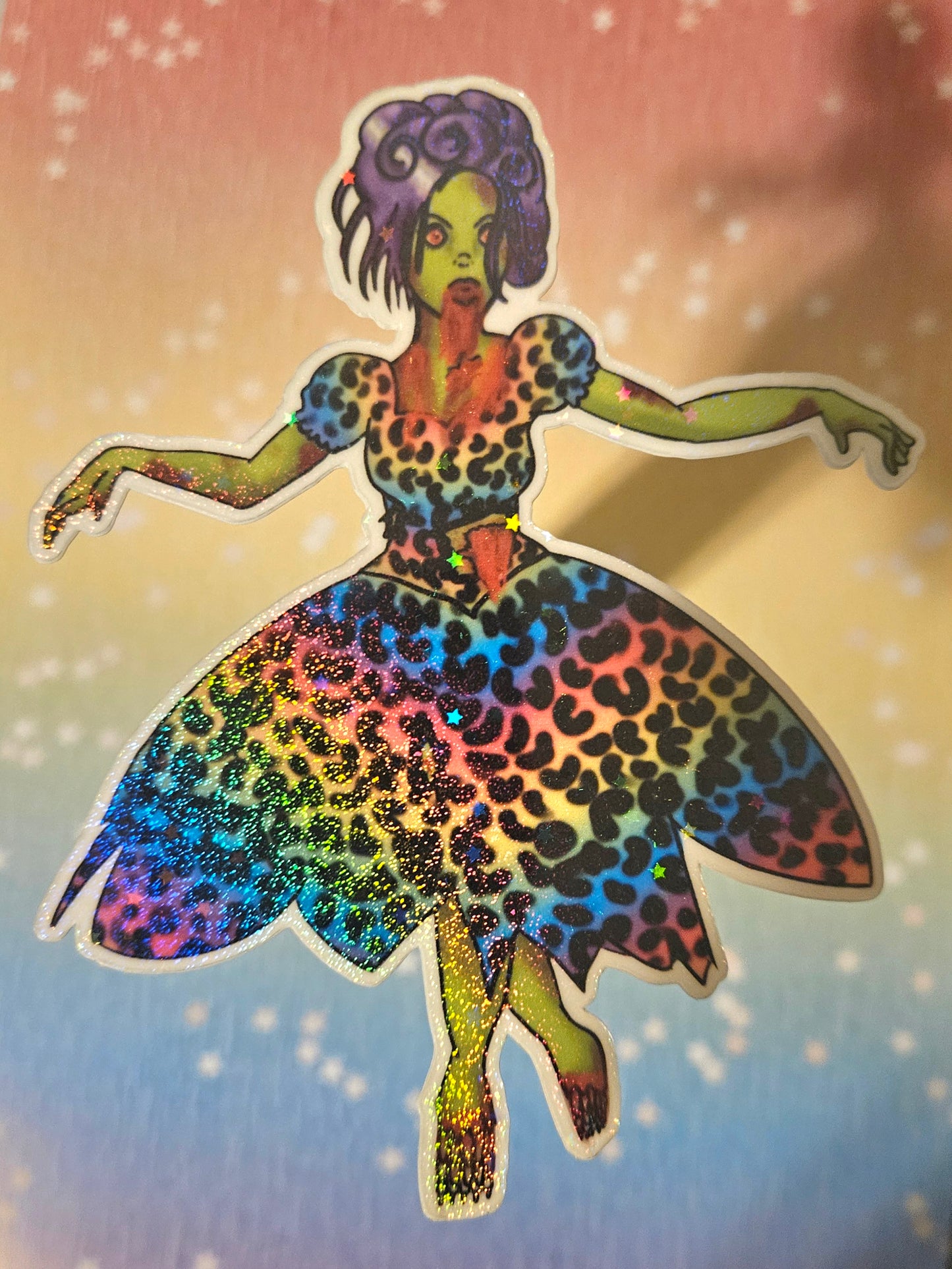 Leopard print rainbow zombie girl sticker for laptop large sticker