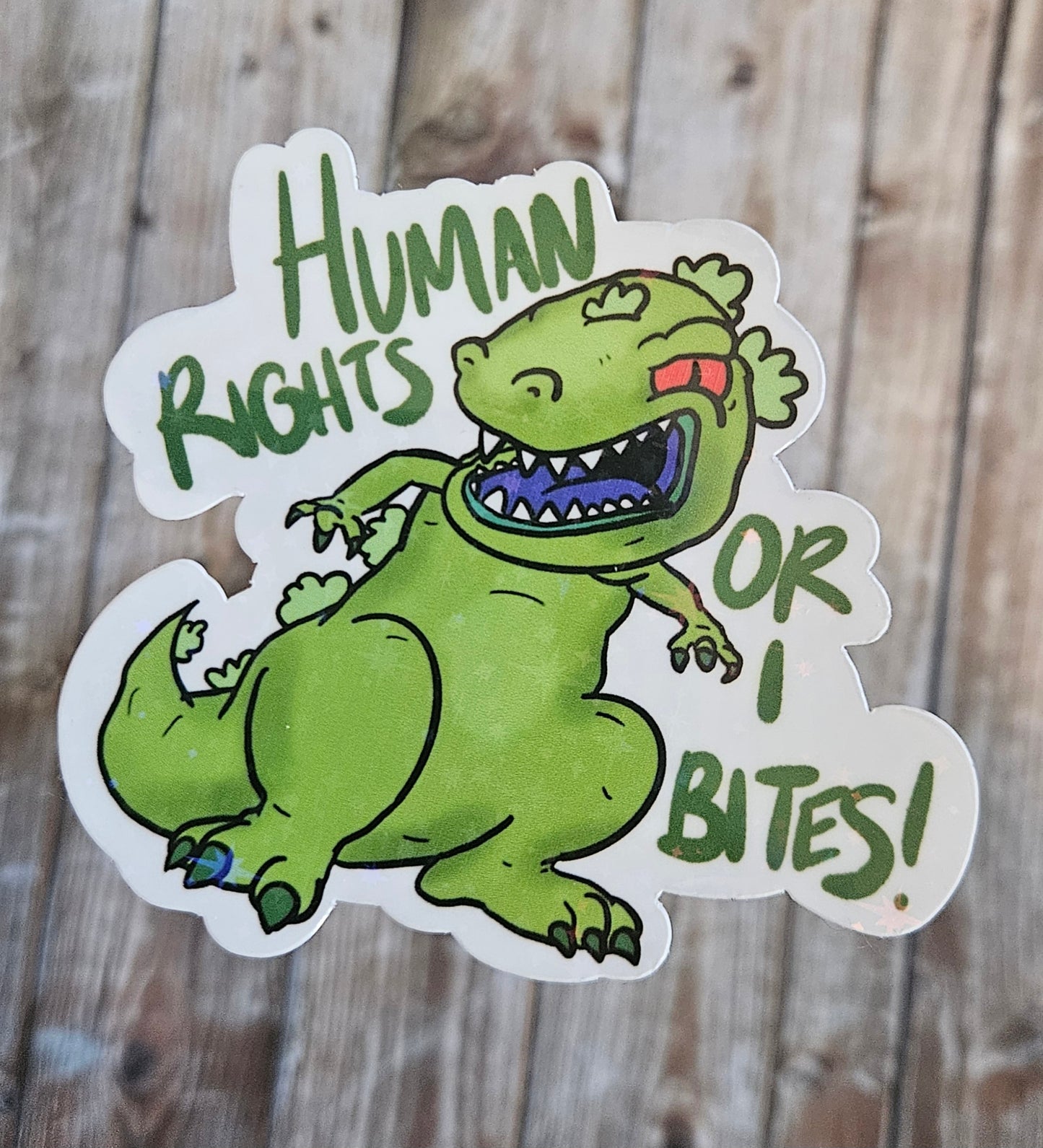 Human rights or I bites green dinosaur sticker for water bottle, nostalgic sticker